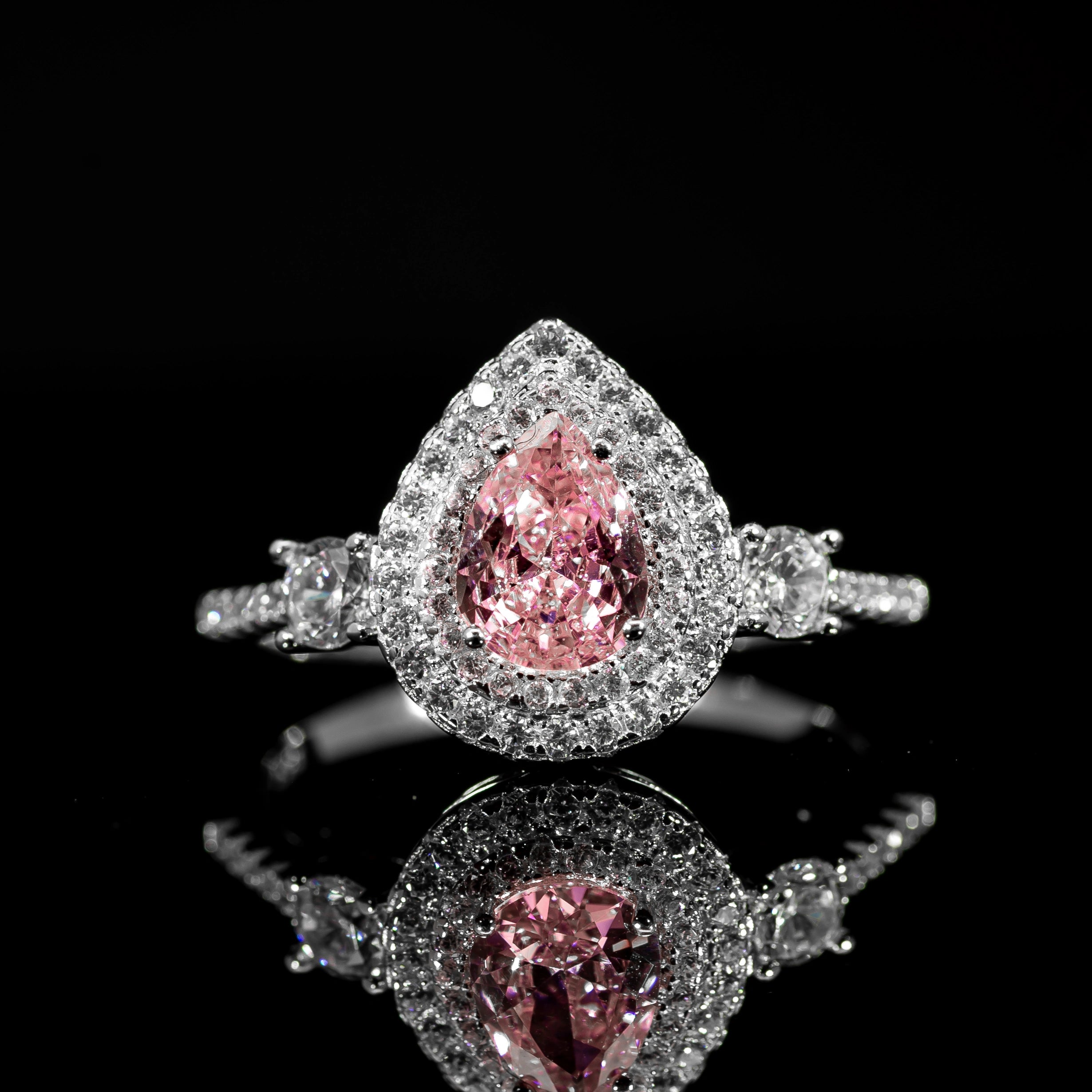 Dolce Mondo Royal Pink Teardrop Premium Quality Zircon Ring – High Quality Rhodium Plated