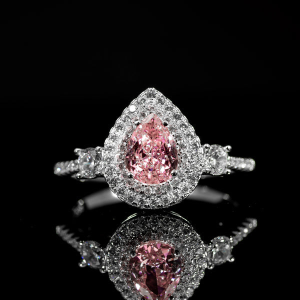 Dolce Mondo Royal Pink Teardrop Premium Quality Zircon Ring – High Quality Rhodium Plated
