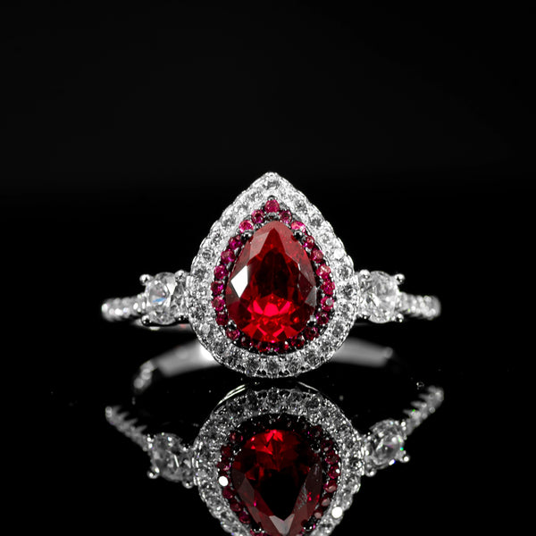 Dolce Mondo Royal Crimson Red Teardrop Premium Quality Zircon Ring – High Quality Rhodium Plated