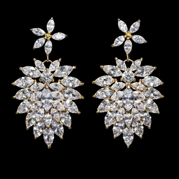 Vivienne White Floral Drop Earrings with Premium Zircon Stones – High Quality 18K Gold Plated in 925 Sterling Silver