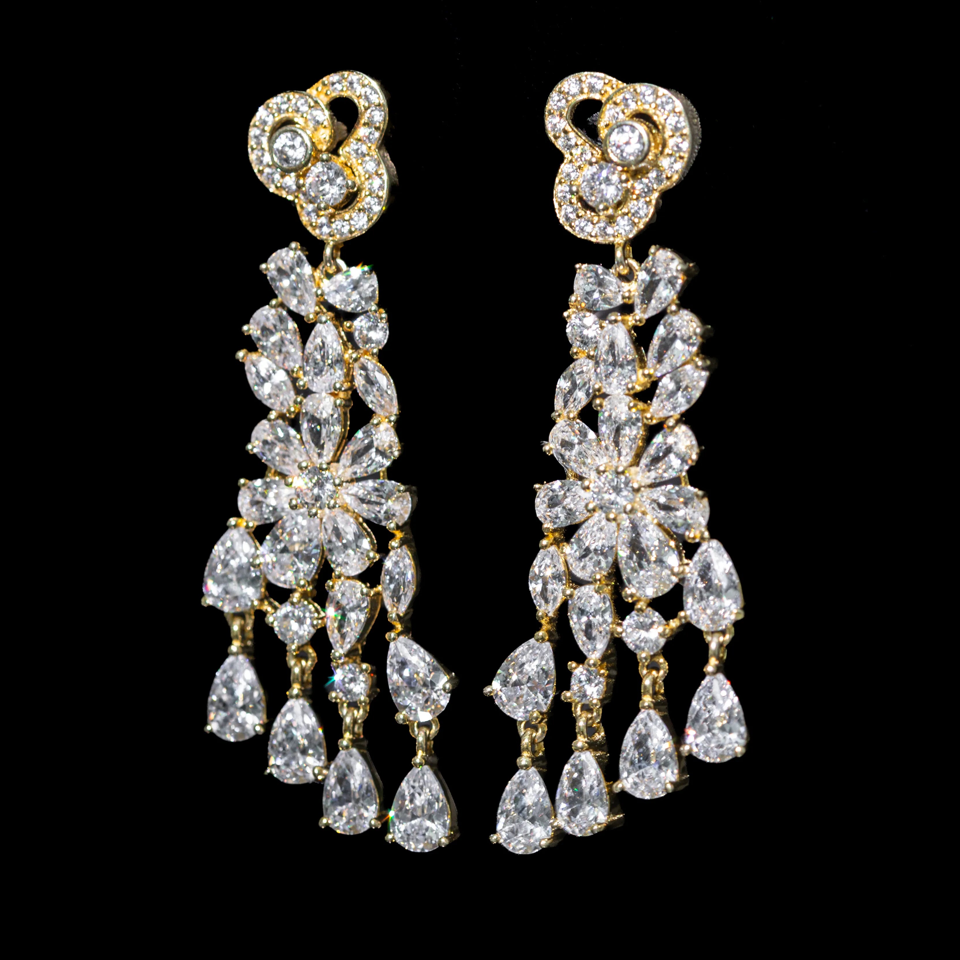 Genevieve White Floral Chandelier Earrings with Premium Zircon Stones – High Quality 18K Gold Plated in 925 Sterling Silver