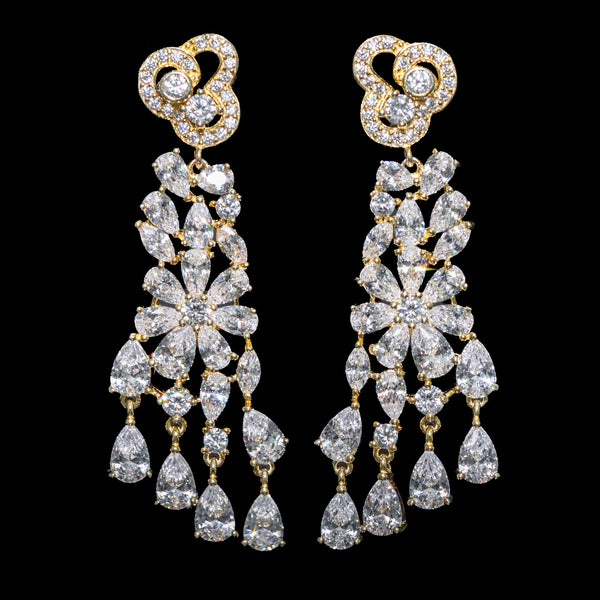 Genevieve White Floral Chandelier Earrings with Premium Zircon Stones – High Quality 18K Gold Plated in 925 Sterling Silver