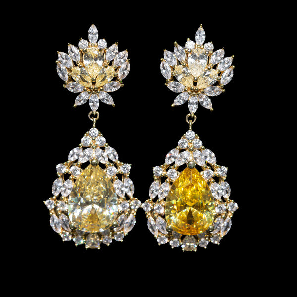 Aurora Champagne Yellow Pear Drop Earrings with Premium Zircon Stones – High Quality 18K Gold Plated in 925 Sterling Silver