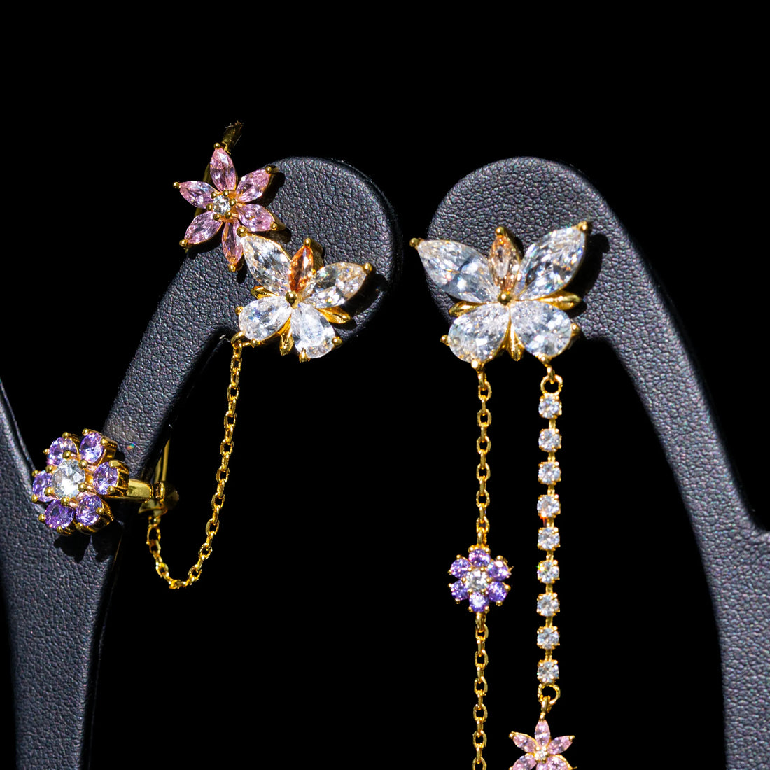 Aurora Multicolor Floral Chain Drop Earrings with Premium Zircon Stones – High Quality 18K Gold Plated in 925 Sterling Silver