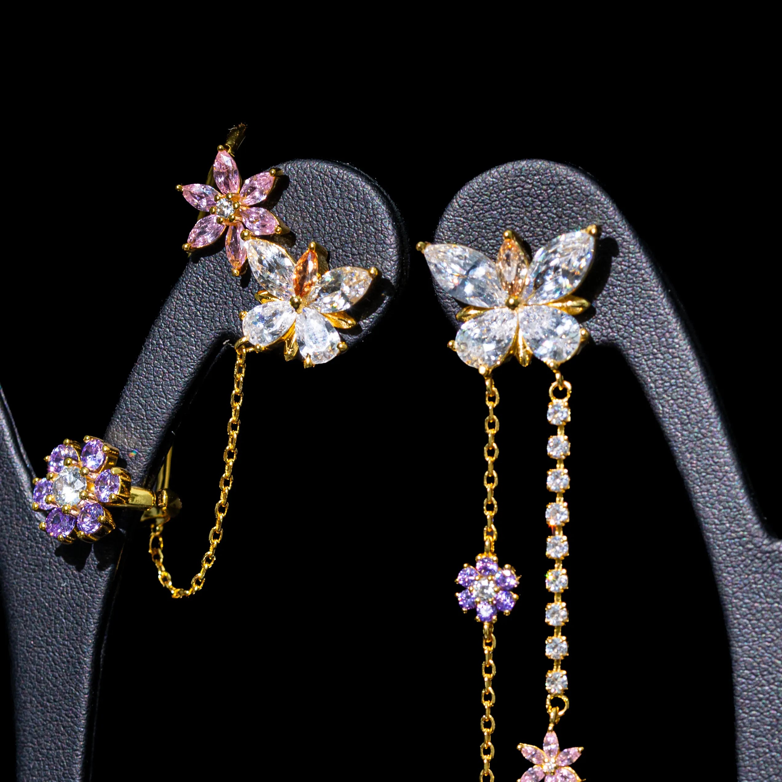 Aurora Multicolor Floral Chain Drop Earrings with Premium Zircon Stones – High Quality 18K Gold Plated in 925 Sterling Silver
