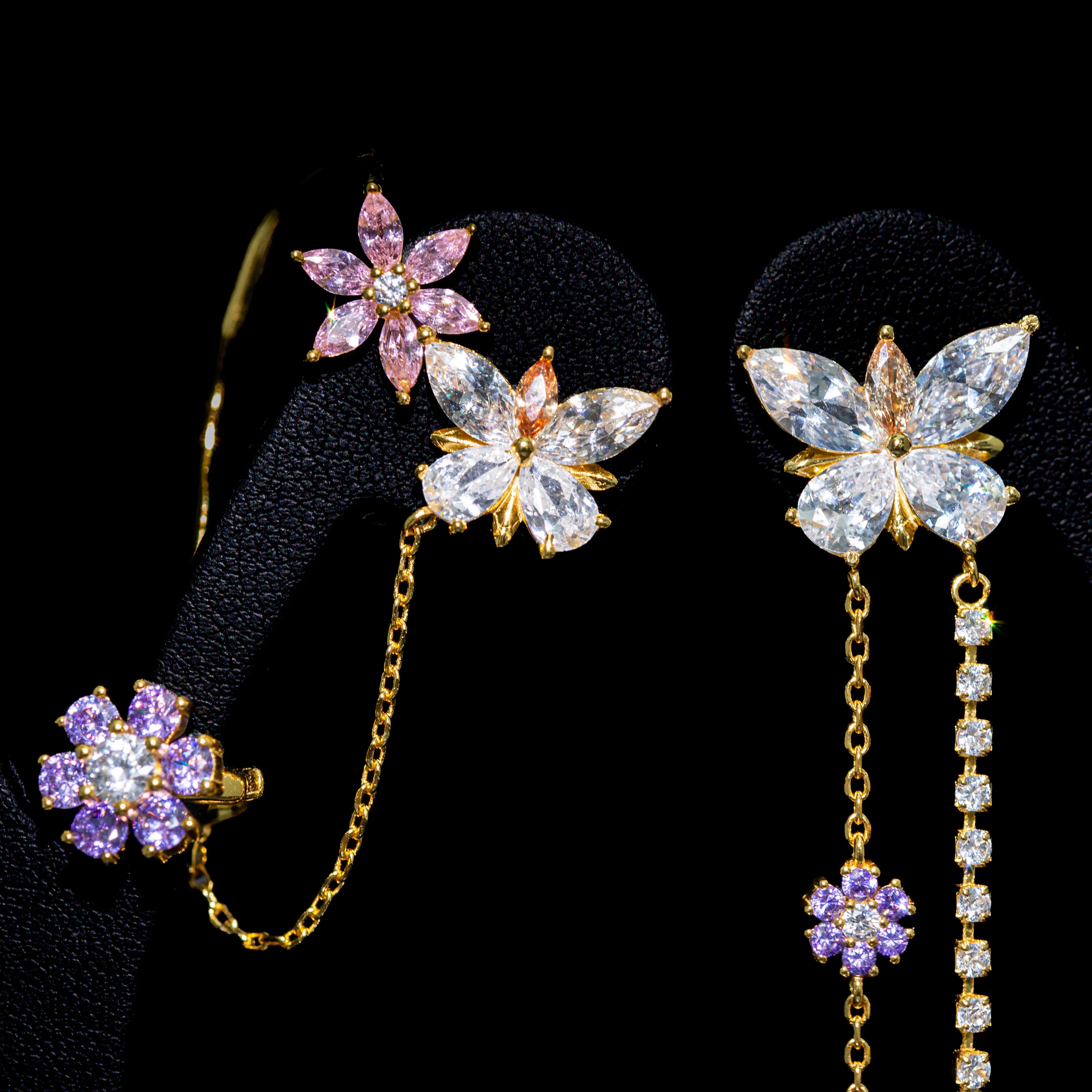 Aurora Multicolor Floral Chain Drop Earrings with Premium Zircon Stones – High Quality 18K Gold Plated in 925 Sterling Silver