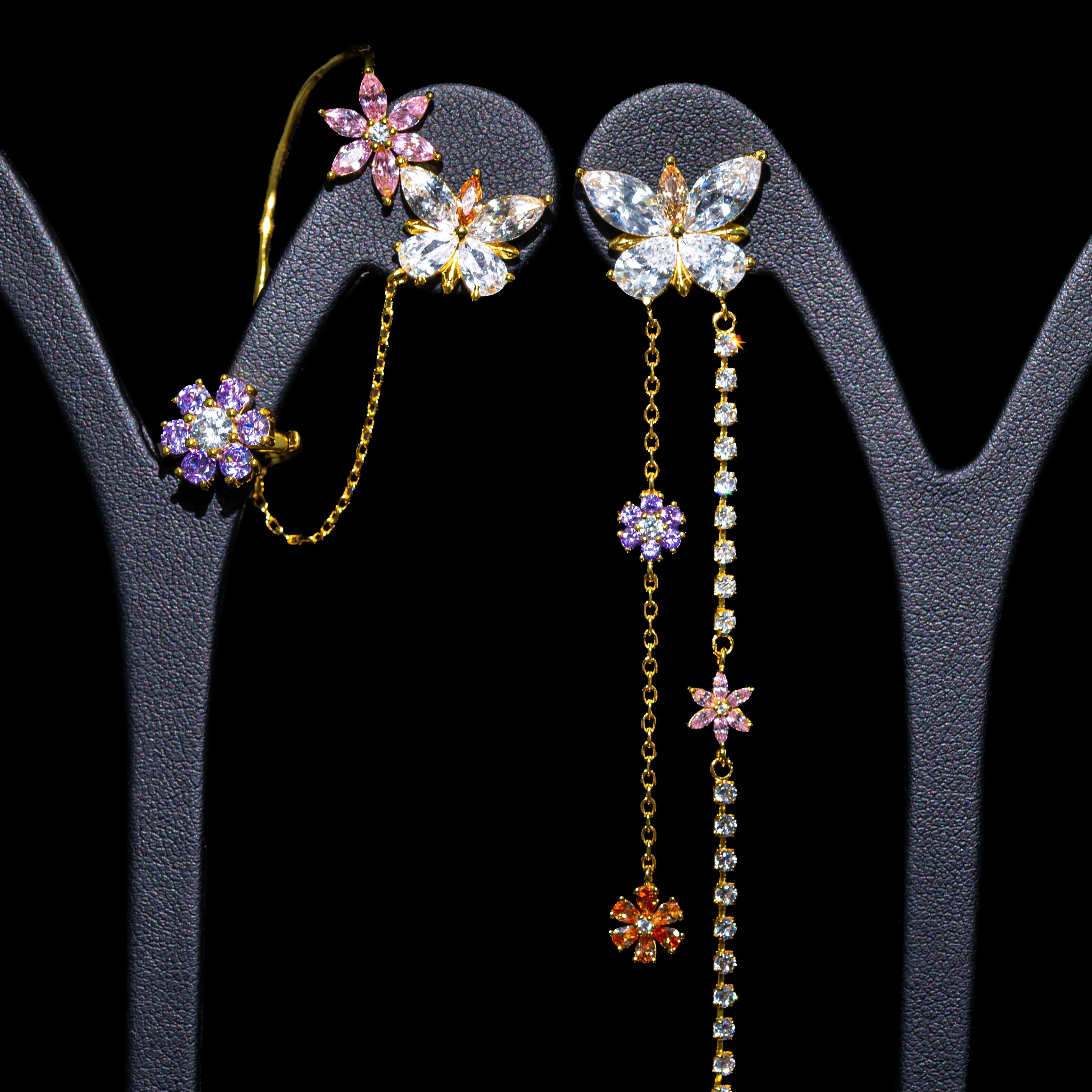 Aurora Multicolor Floral Chain Drop Earrings with Premium Zircon Stones – High Quality 18K Gold Plated in 925 Sterling Silver