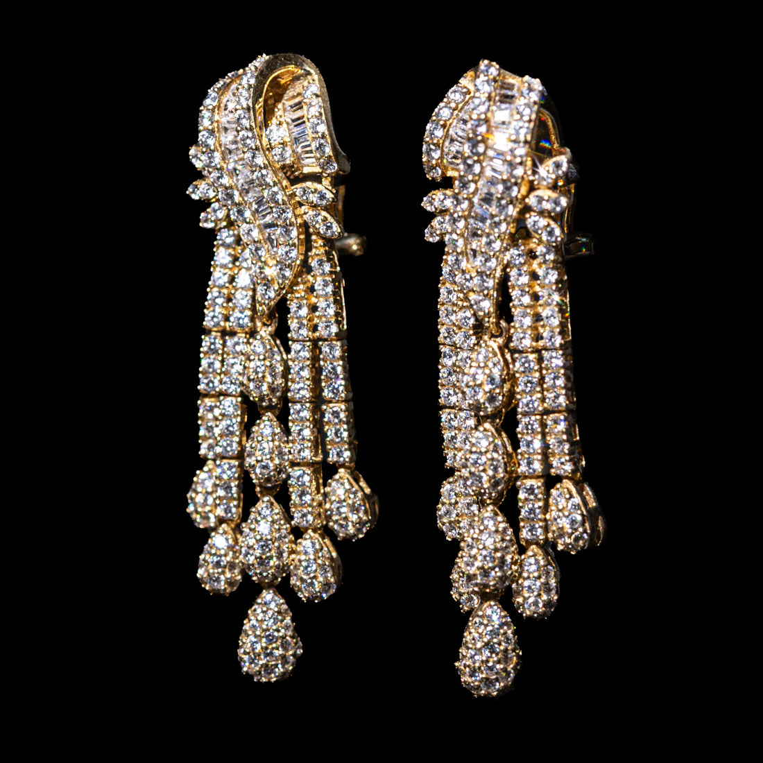 Evelina White Multi-Row Tassel Drop Earrings with Premium Zircon Stones High Quality 18K Gold Plated in 925 Sterling Silver