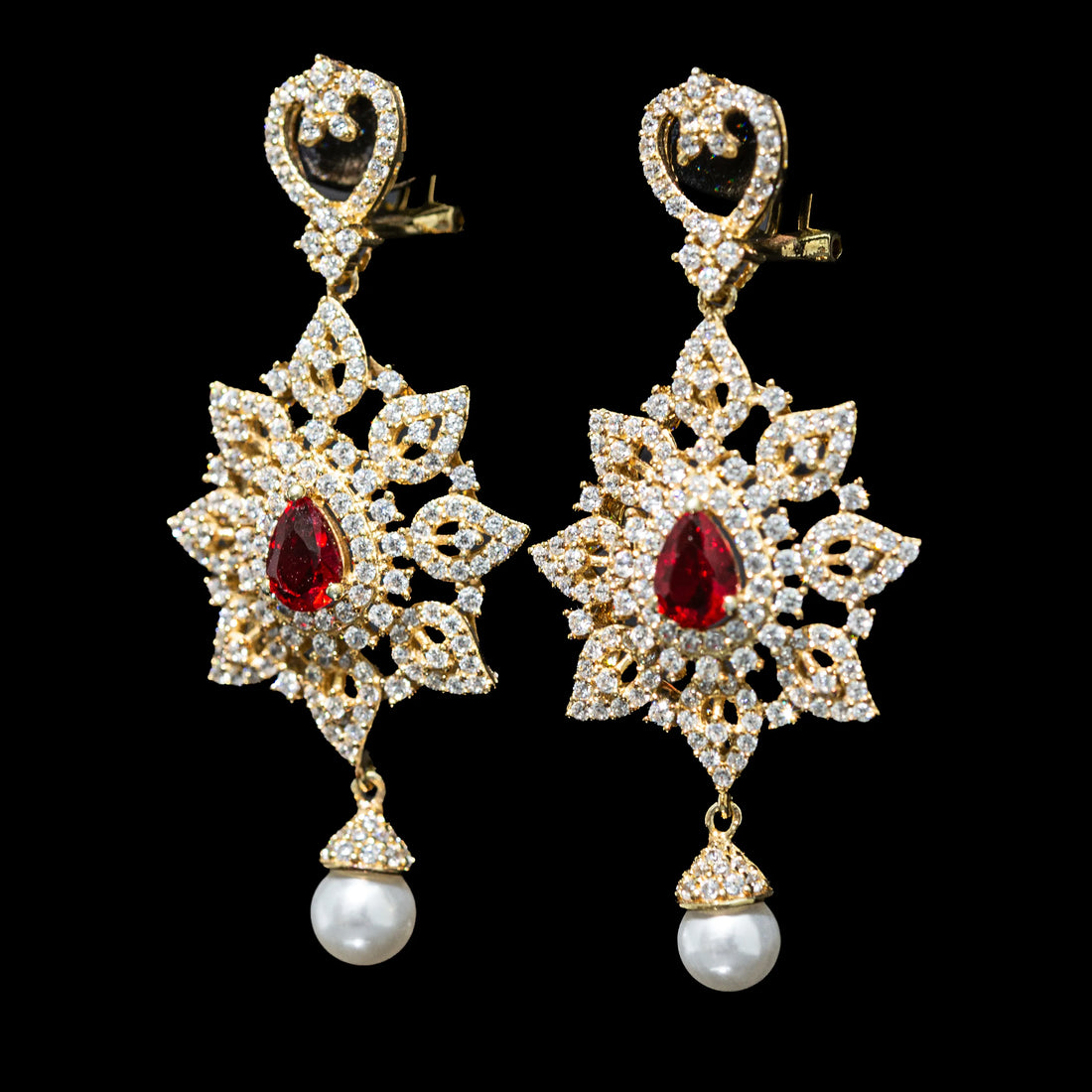 Celestine Ruby Red Pearl Drop Earrings with Premium Zircon Stones – High Quality 18K Gold Plated in 925 Sterling Silver