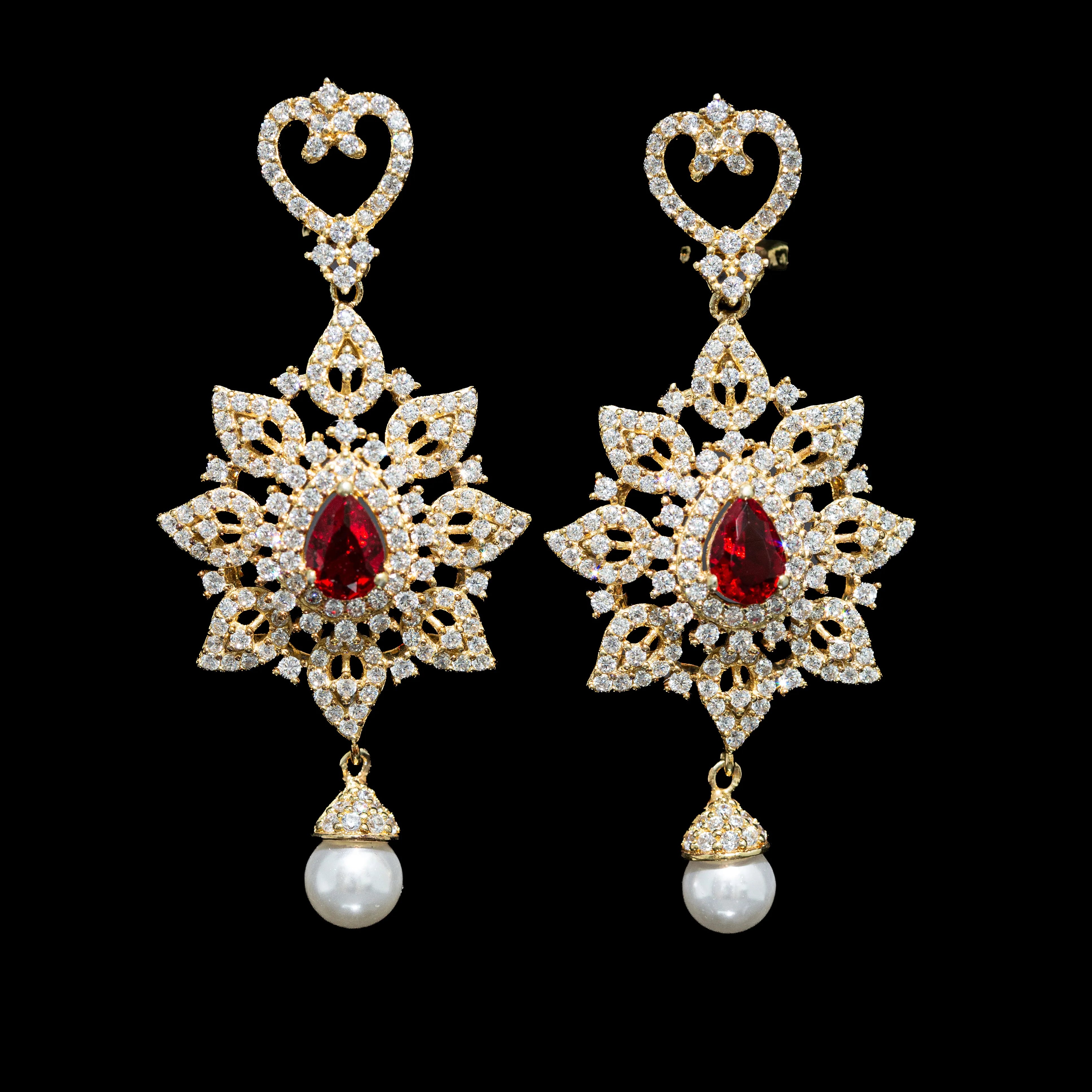 Celestine Ruby Red Pearl Drop Earrings with Premium Zircon Stones – High Quality 18K Gold Plated in 925 Sterling Silver