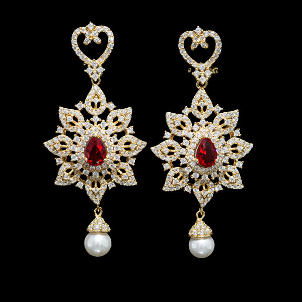 Celestine Ruby Red Pearl Drop Earrings with Premium Zircon Stones – High Quality 18K Gold Plated in 925 Sterling Silver