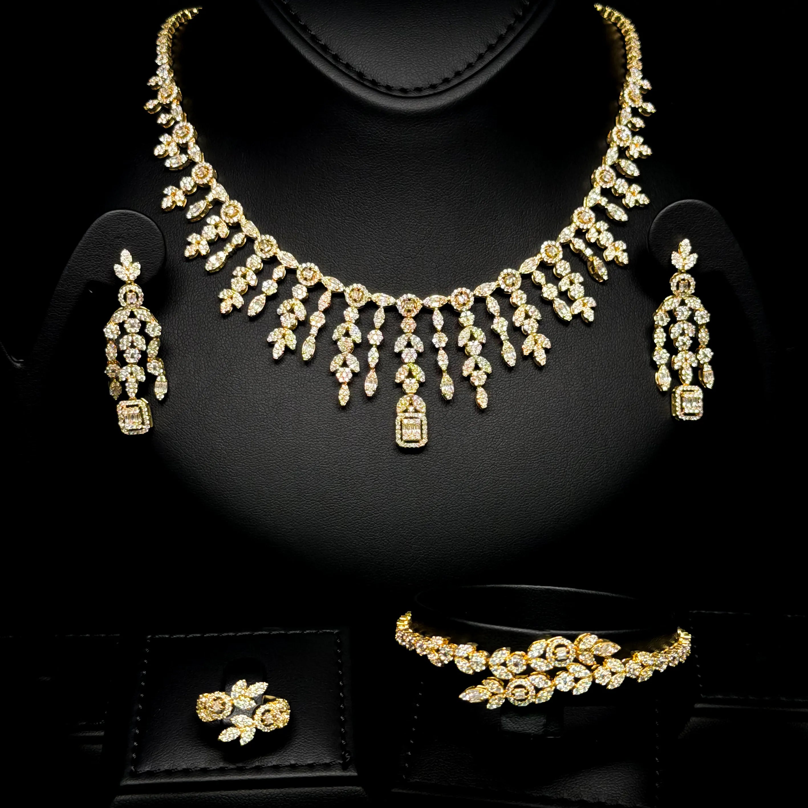 Golden Rosette White Premium Quality Zircon Gold Plated Fancy Bridal Full Set