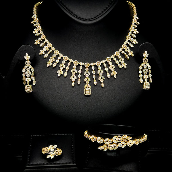 Golden Rosette White Premium Quality Zircon Gold Plated Fancy Bridal Full Set