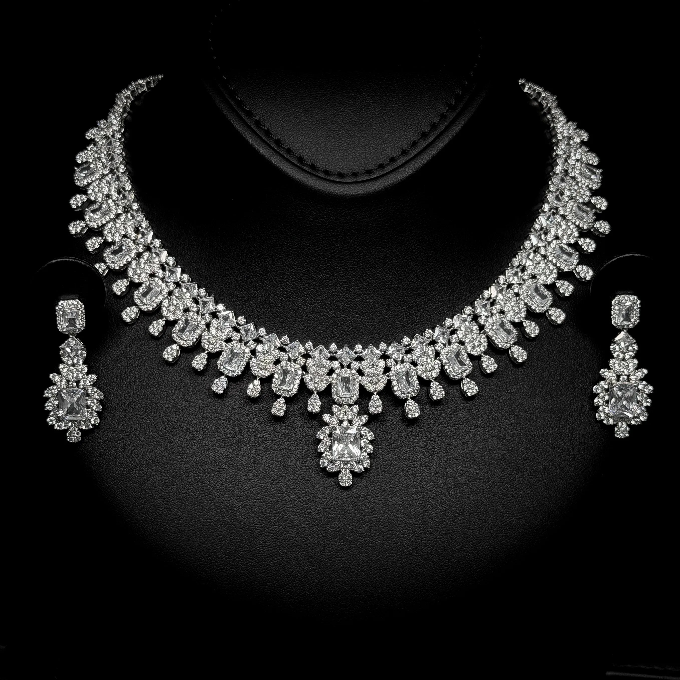 Regal Radiance White Premium Quality Zircon Rhodium Plated Fancy Bridal Full Set