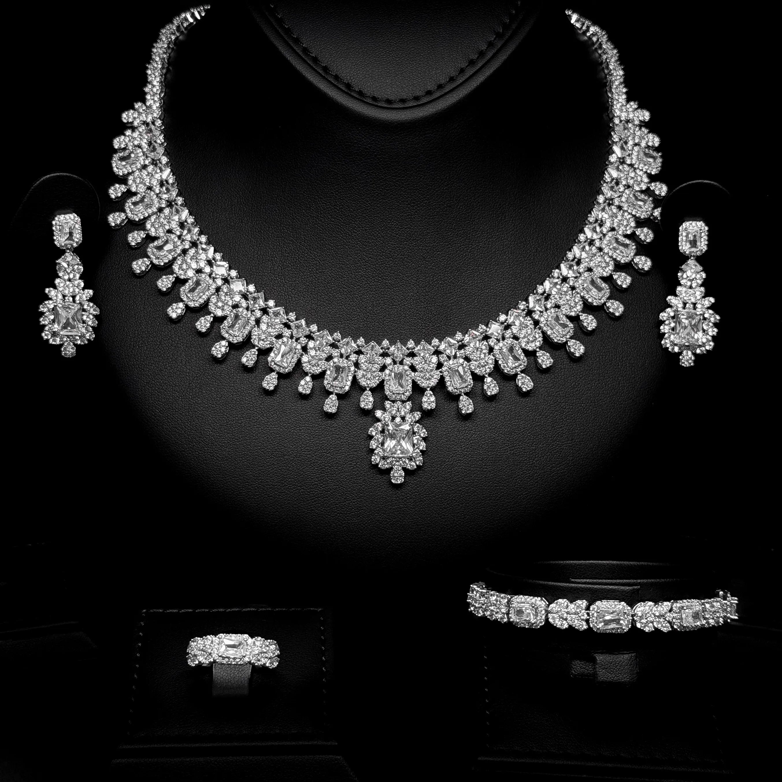 Regal Radiance White Premium Quality Zircon Rhodium Plated Fancy Bridal Full Set
