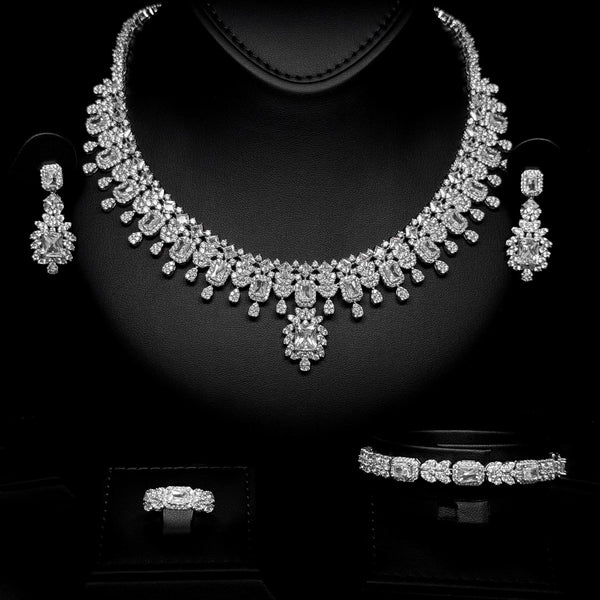 Regal Radiance White Premium Quality Zircon Rhodium Plated Fancy Bridal Full Set