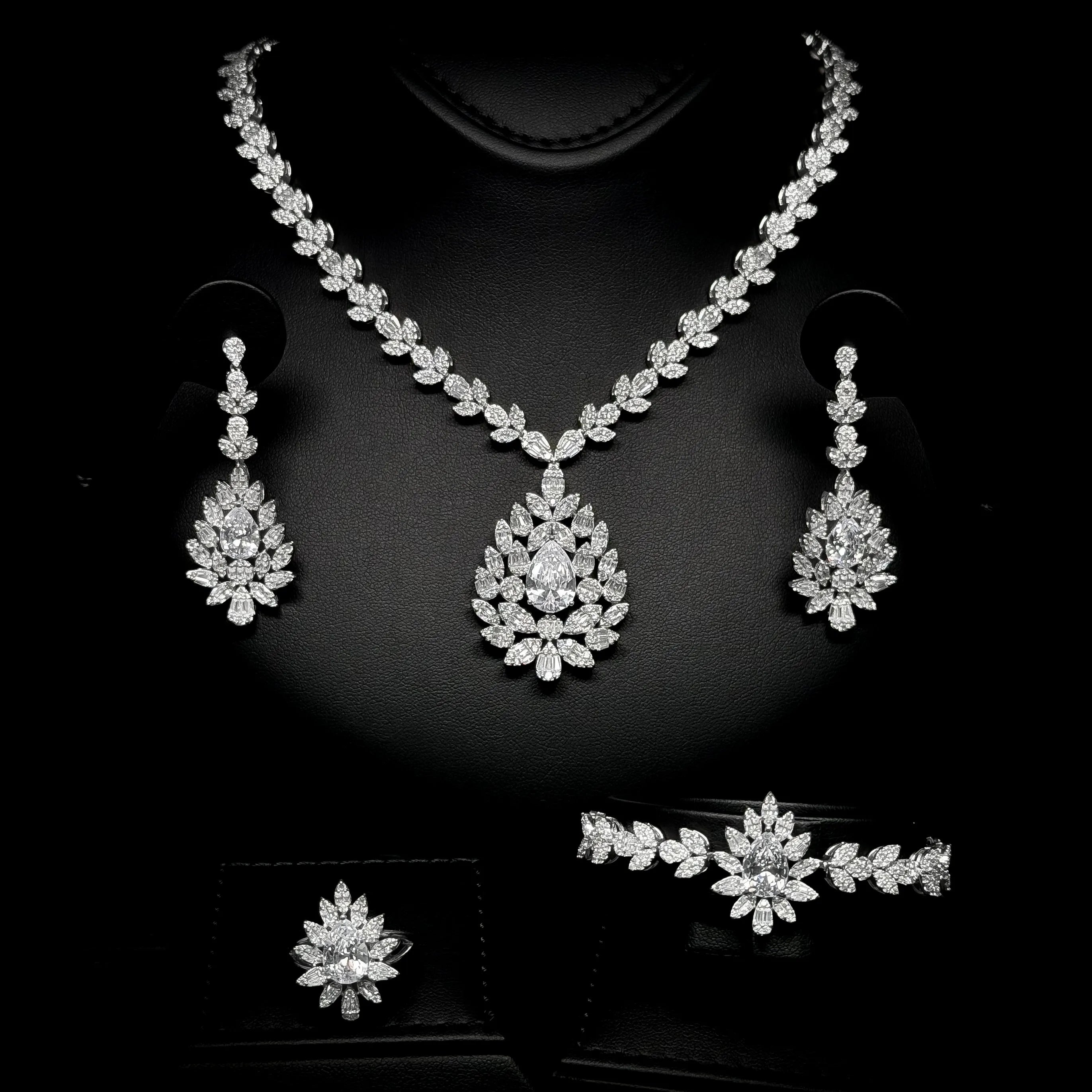 Crown Bloom White Premium Quality Zircon Rhodium Plated Luxury Bridal Full Set