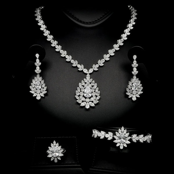 Crown Bloom White Premium Quality Zircon Rhodium Plated Luxury Bridal Full Set
