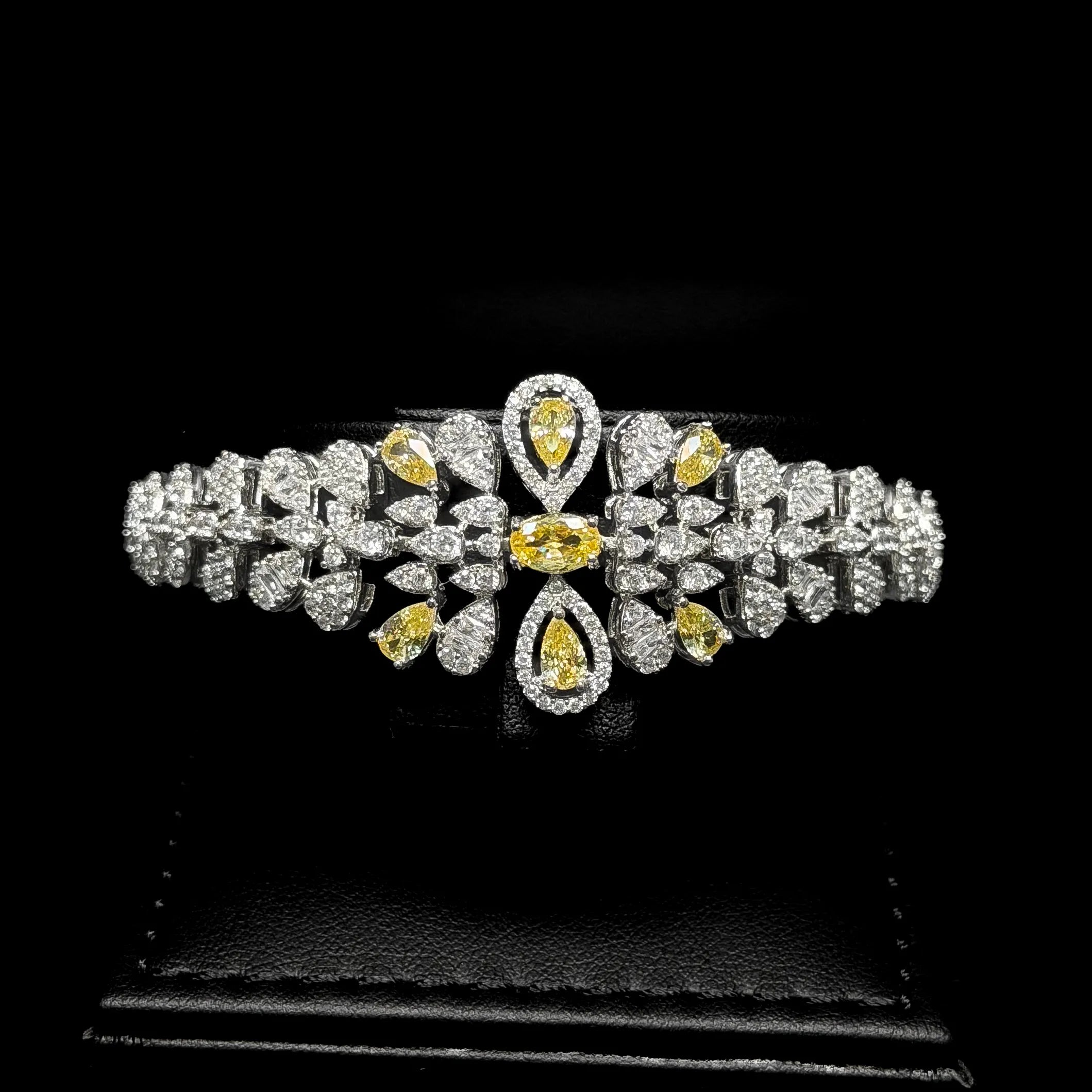 Sunlit Teardrop Yellow White Premium Quality Zircon Rhodium Plated Fancy Bridal Full Set
