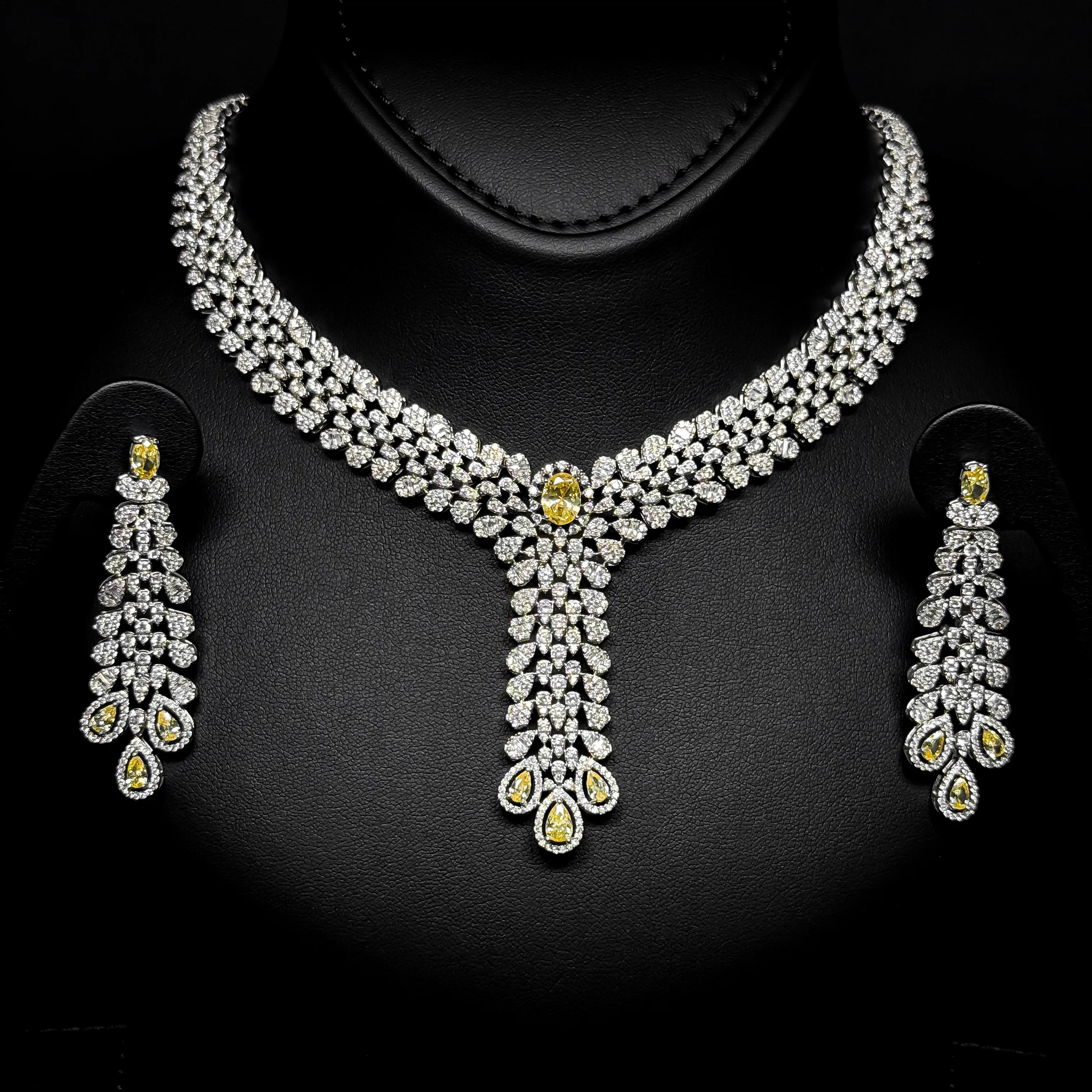 Sunlit Teardrop Yellow White Premium Quality Zircon Rhodium Plated Fancy Bridal Full Set