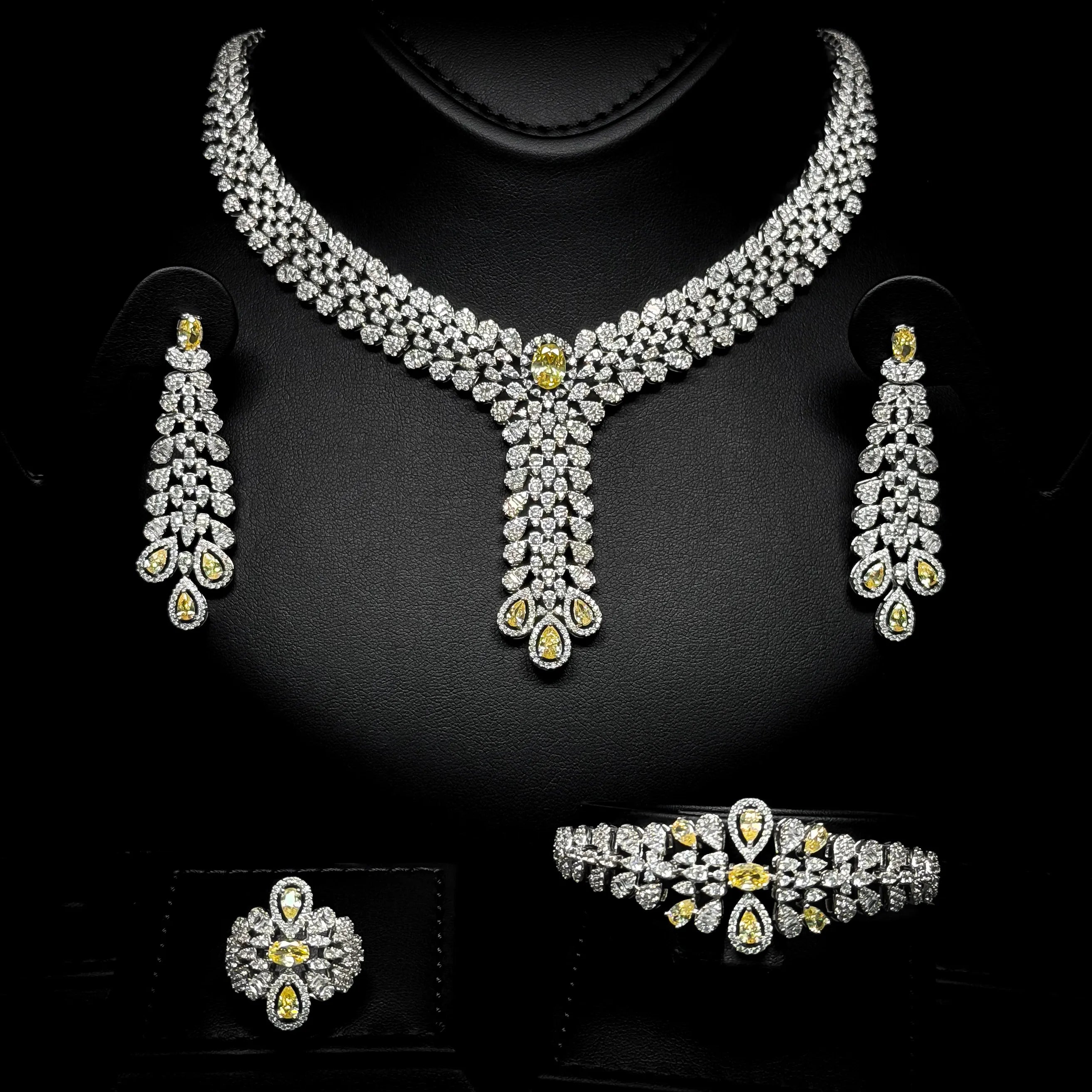 Sunlit Teardrop Yellow White Premium Quality Zircon Rhodium Plated Fancy Bridal Full Set