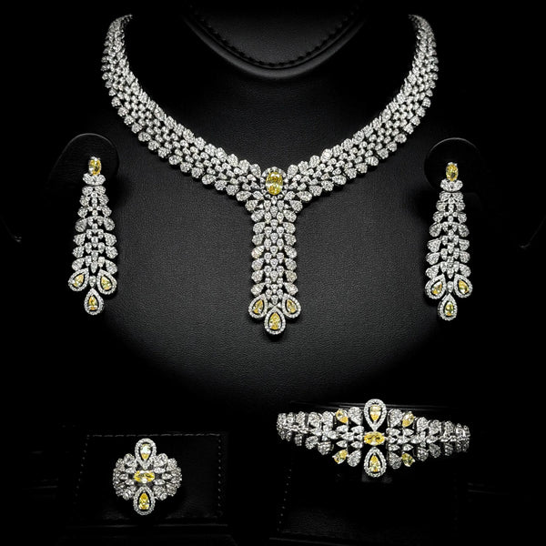 Sunlit Teardrop Yellow White Premium Quality Zircon Rhodium Plated Fancy Bridal Full Set
