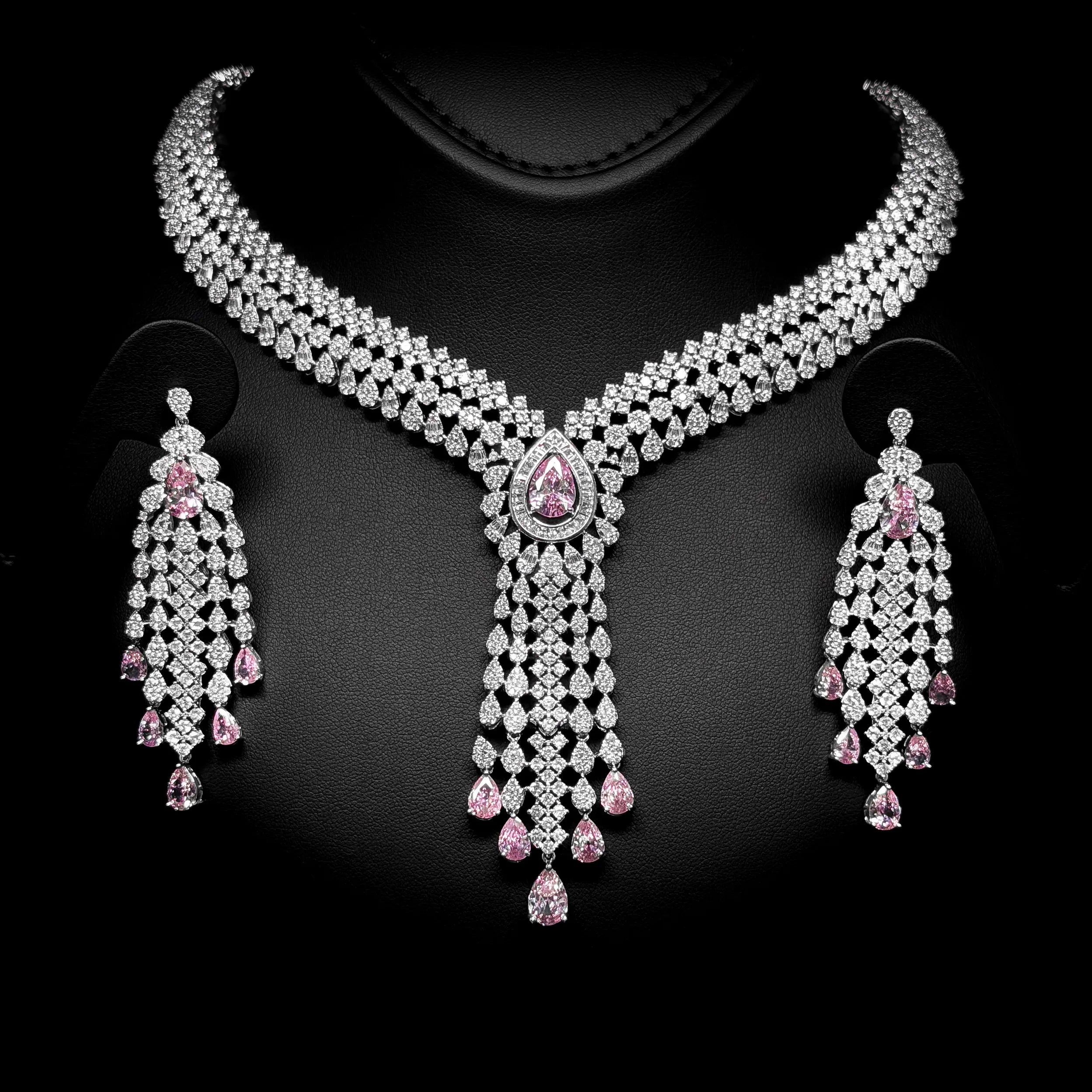 Blush Teardrop Pink White Premium Quality Zircon Rhodium Plated Wedding Full Set