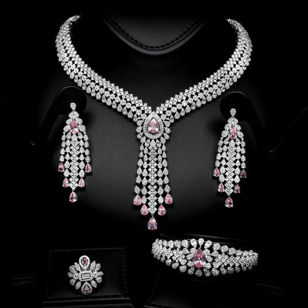 Blush Teardrop Pink White Premium Quality Zircon Rhodium Plated Wedding Full Set