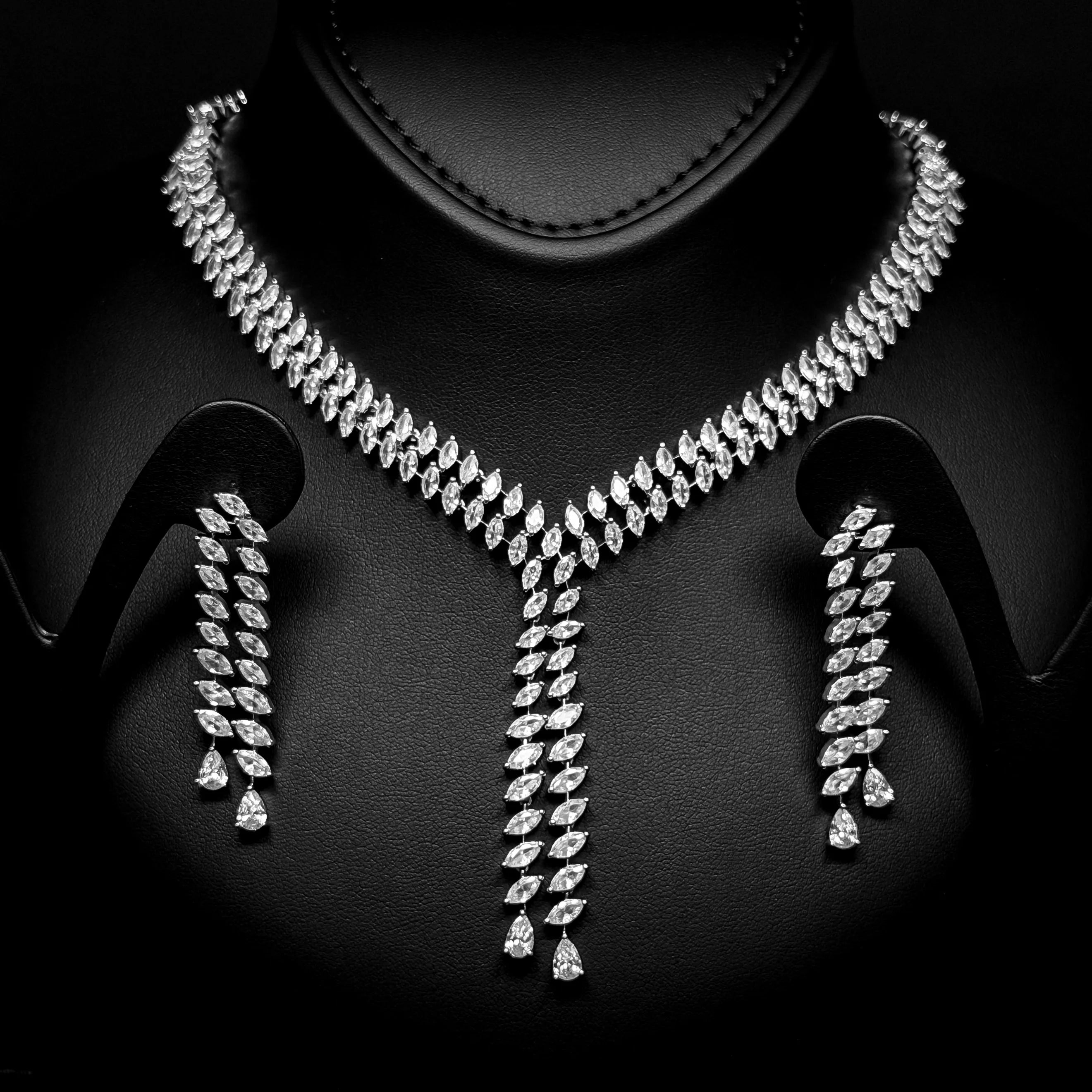 Regal Cascade White Premium Quality Zircon Rhodium Plated Fancy Bridal Full Set