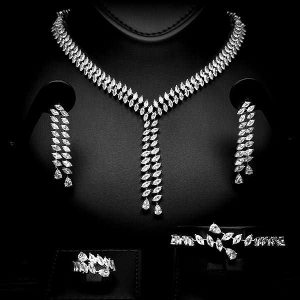 Regal Cascade White Premium Quality Zircon Rhodium Plated Fancy Bridal Full Set