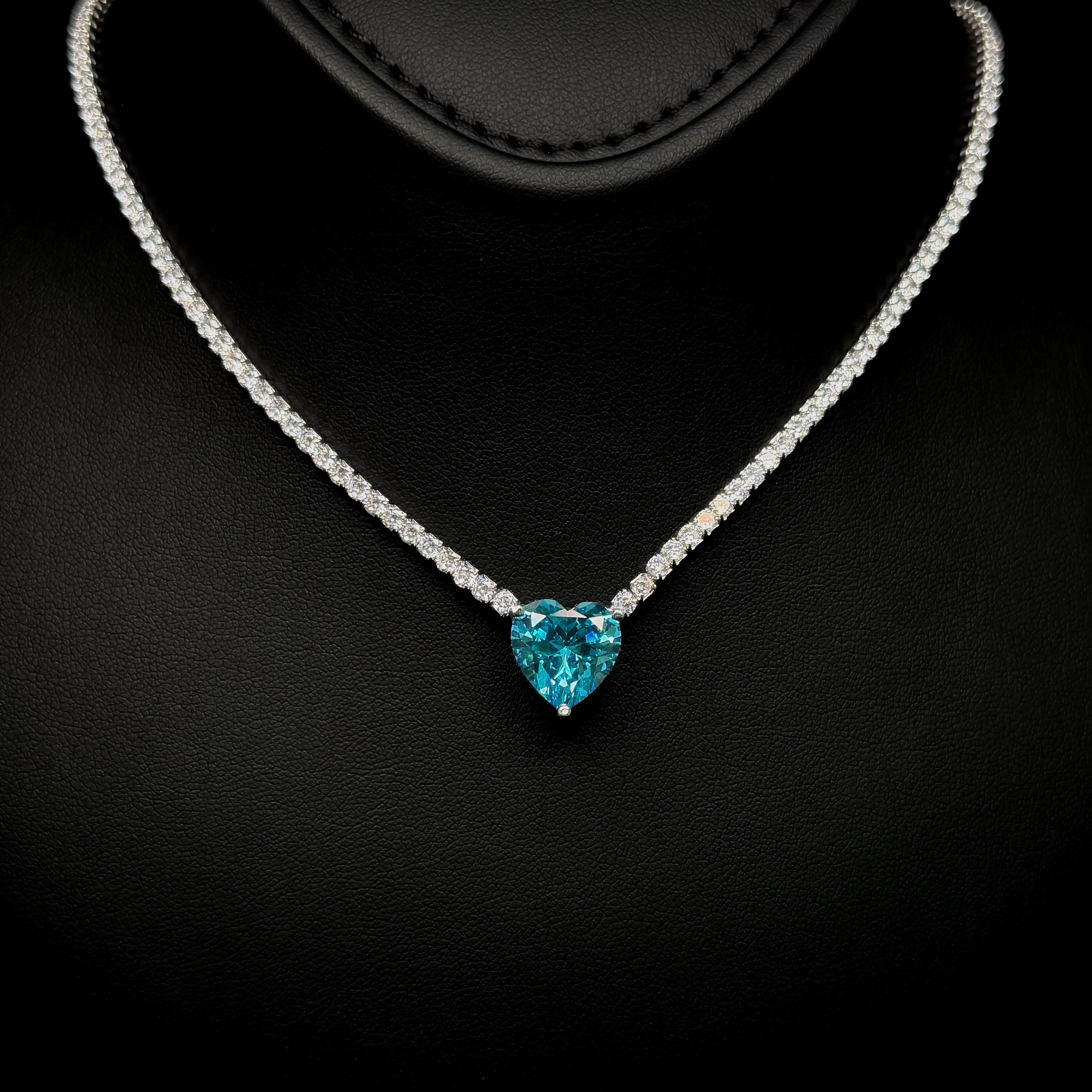 Sofia Sky Blue Heart Necklace in 925 Silver – High Quality Rhodium Plated