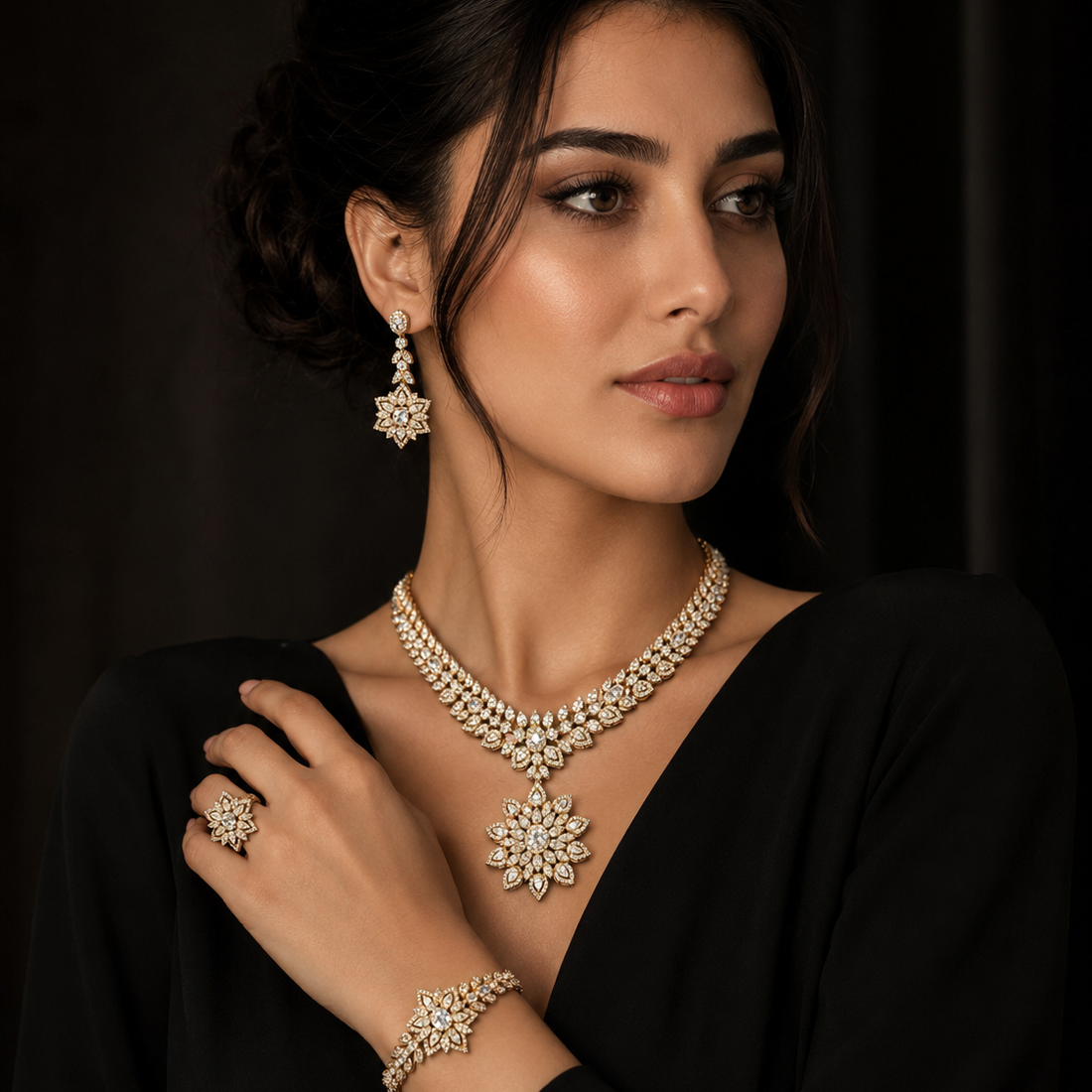 Fleur Rose Gold Premium Quality Zircon Plated Luxury Bridal Full Set