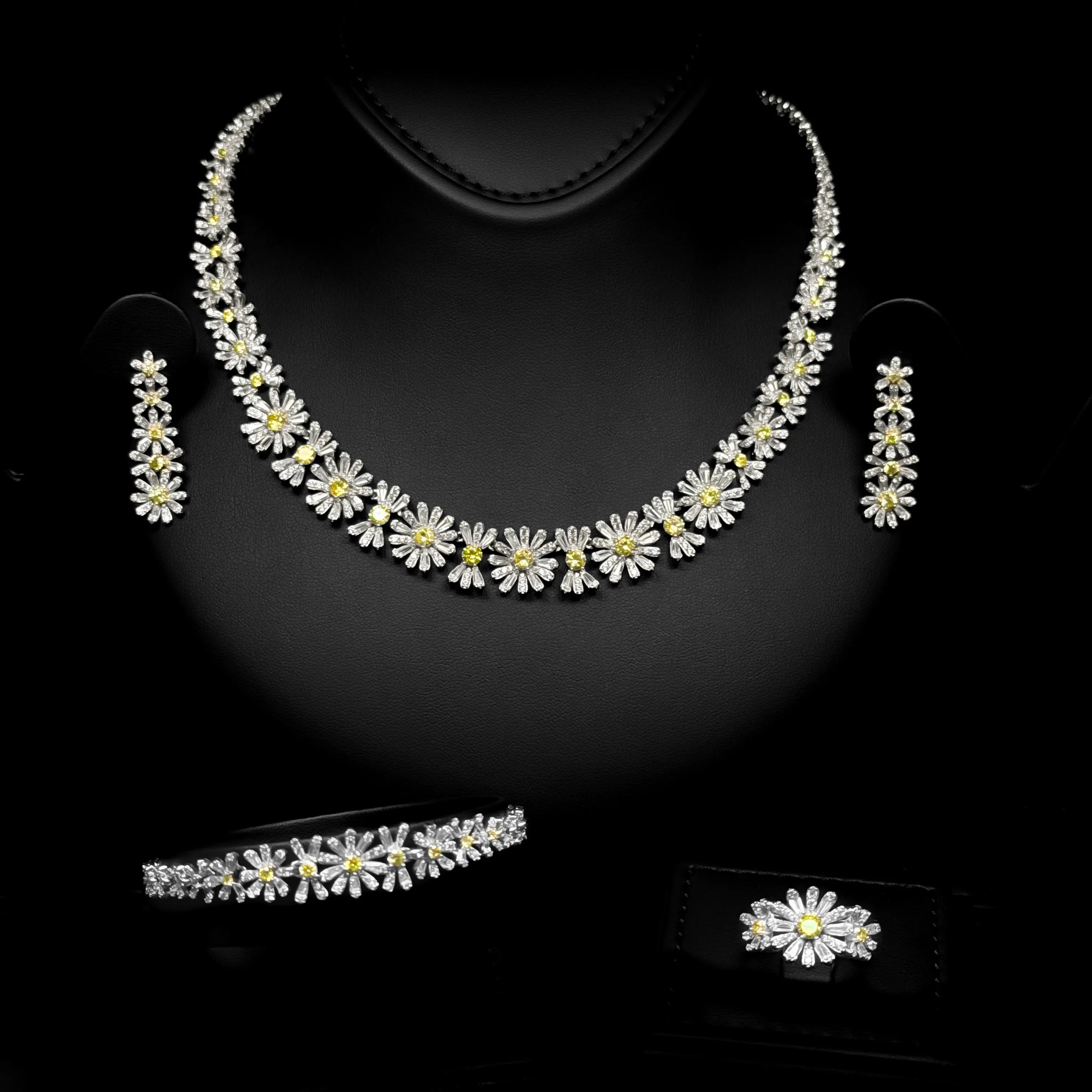 Daisy Yellow & White Luxury Bridal Full Set in 925 Sterling Silver