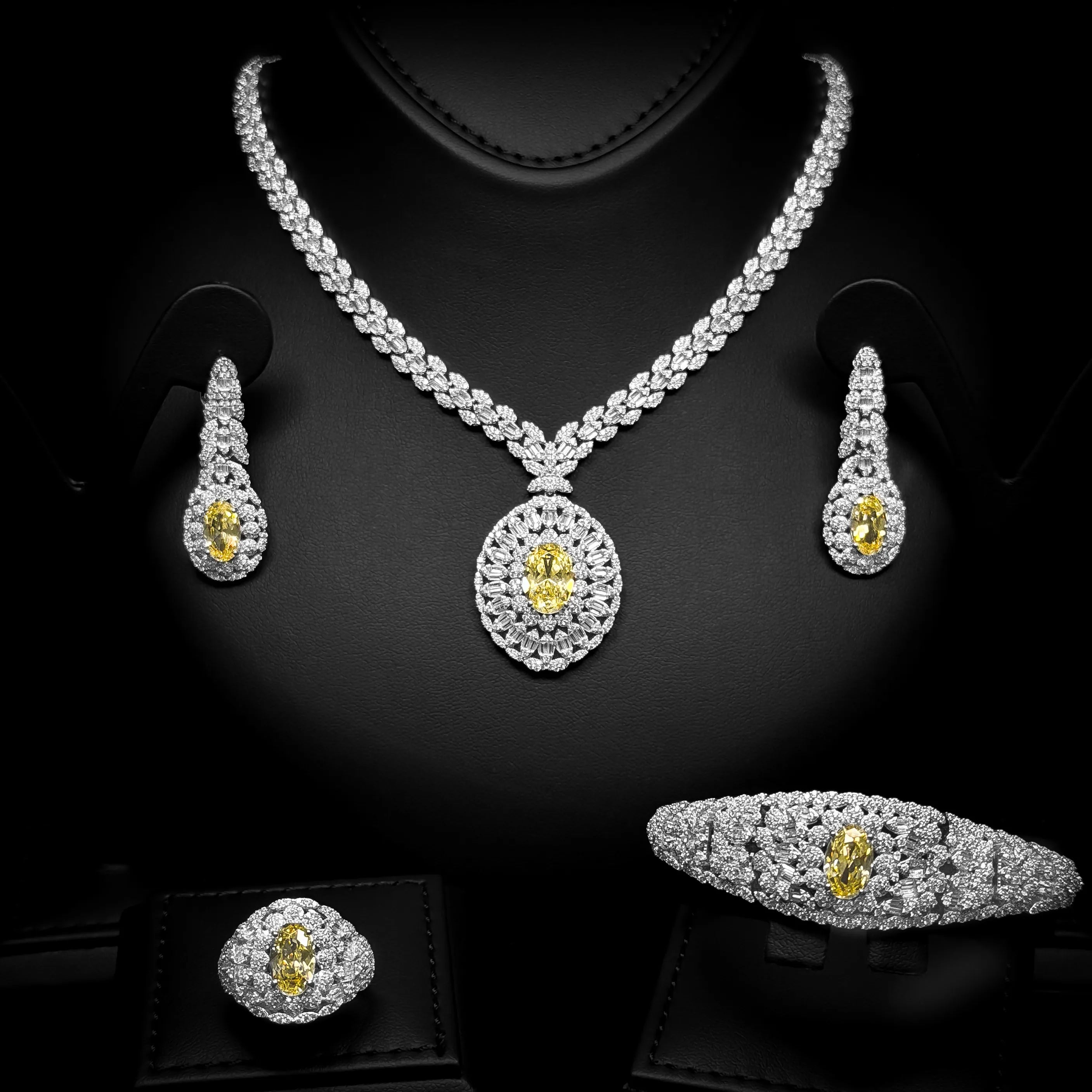 Soleil Halo Yellow & White Luxury Bridal Full Set in 925 Sterling Silver
