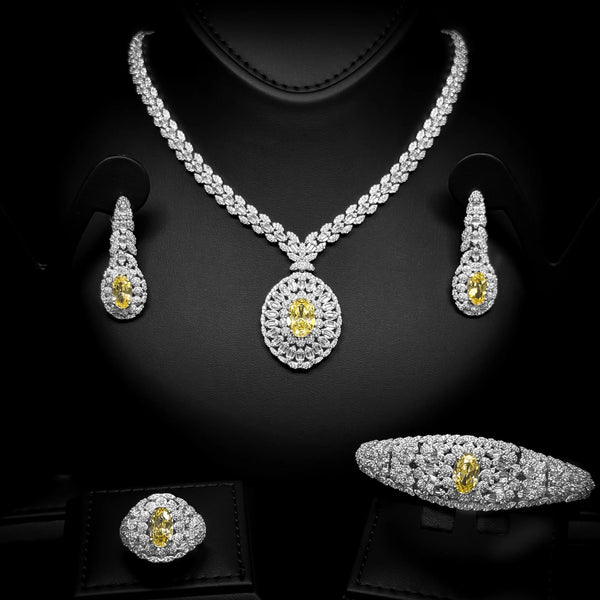 Soleil Halo Yellow & White Luxury Bridal Full Set in 925 Sterling Silver