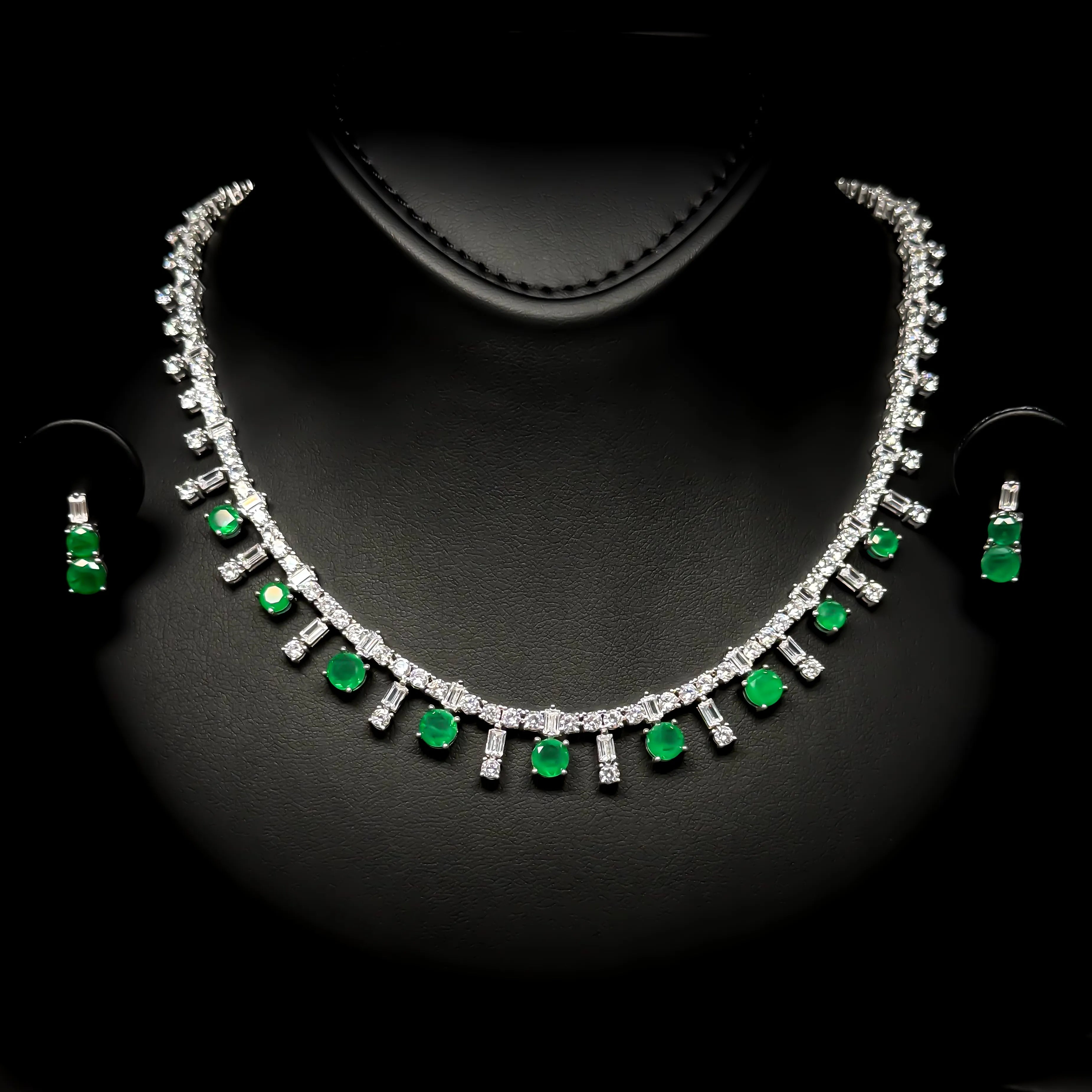 Emerald Green & White Droplet Luxury Set in 925 Sterling Silver