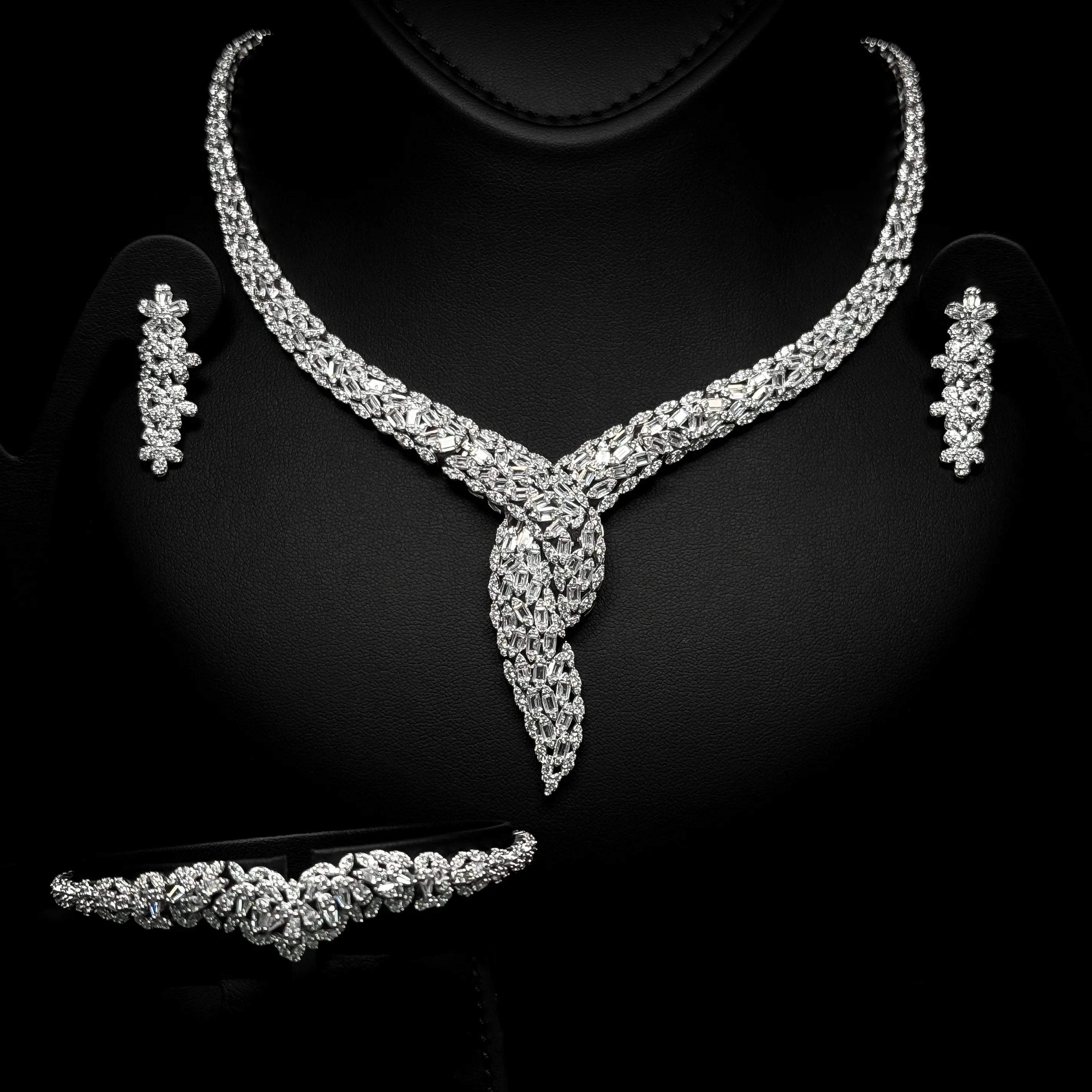 Valeria Plume White Luxury Bridal 3pc Set in 925 Sterling Silver - With Premium Quality Zircon Stone