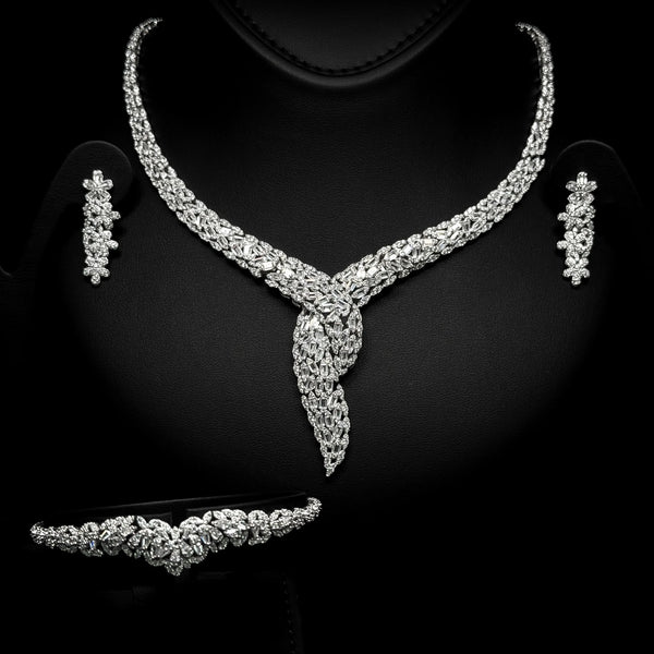 Valeria Plume White Luxury Bridal 3pc Set in 925 Sterling Silver - With Premium Quality Zircon Stone
