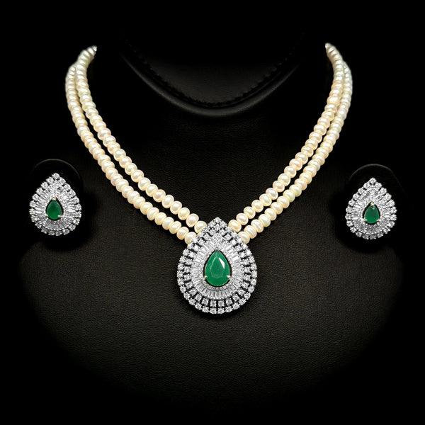 Emerald Pearl Green White Premium Quality Zircon Rhodium Plated Luxury Bridal Set