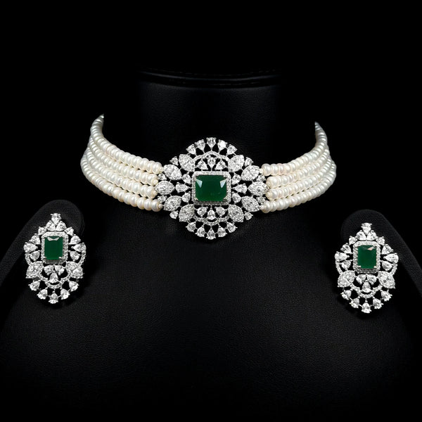 Emerald Pearl Crown Green White Premium Quality Zircon Rhodium Plated Fancy Bridal Set