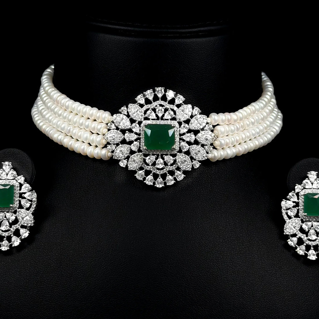 Emerald Pearl Crown Green White Premium Quality Zircon Rhodium Plated Fancy Bridal Set