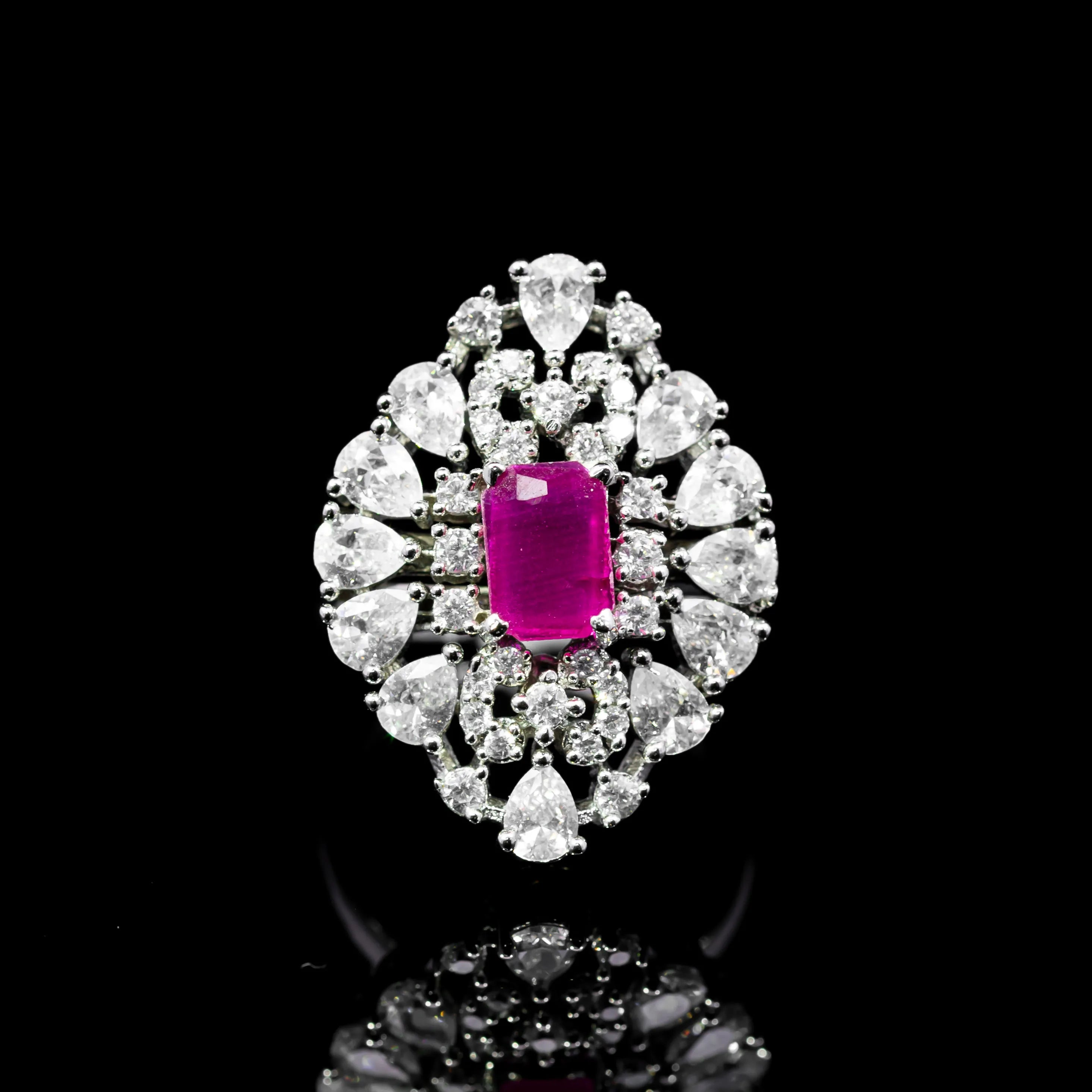 Royal Pearl Ruby White Red Premium Quality Zircon Rhodium Plated Wedding Set