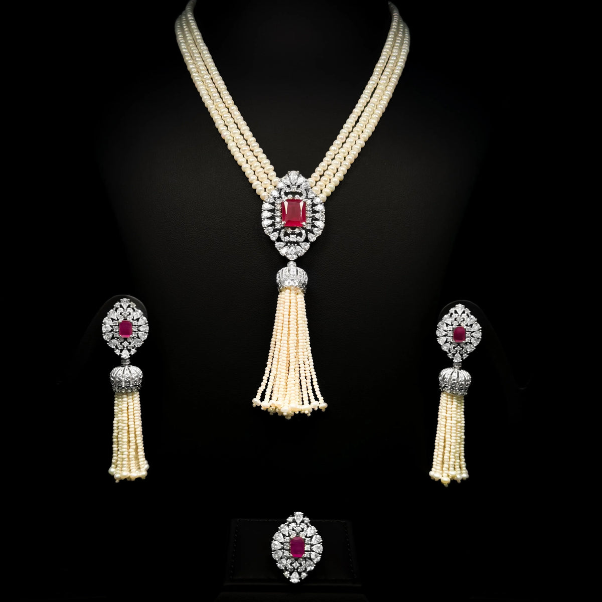 Royal Pearl Ruby White Red Premium Quality Zircon Rhodium Plated Wedding Set