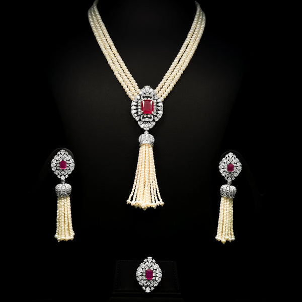 Royal Pearl Ruby White Red Premium Quality Zircon Rhodium Plated Wedding Set
