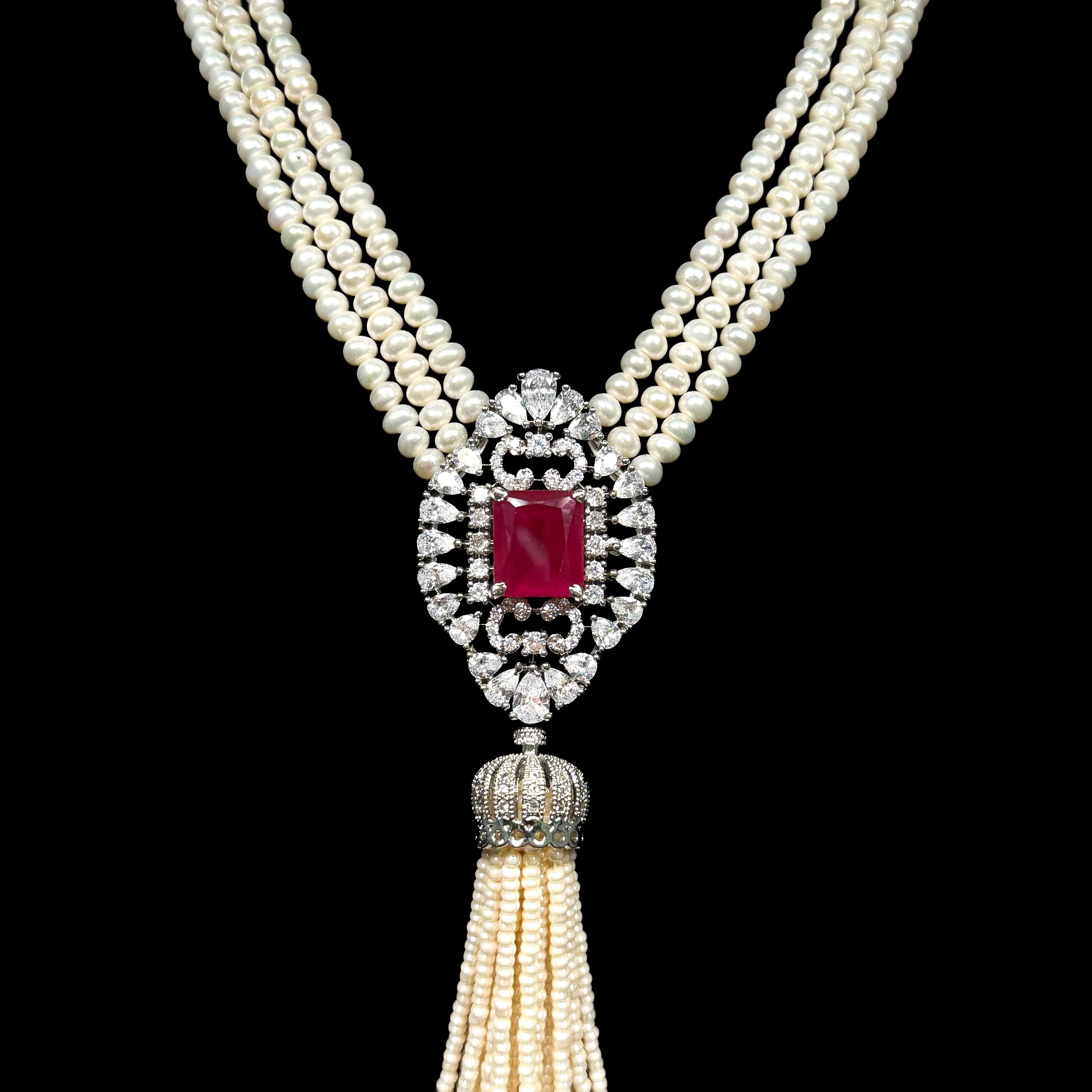 Royal Pearl Ruby White Red Premium Quality Zircon Rhodium Plated Wedding Set