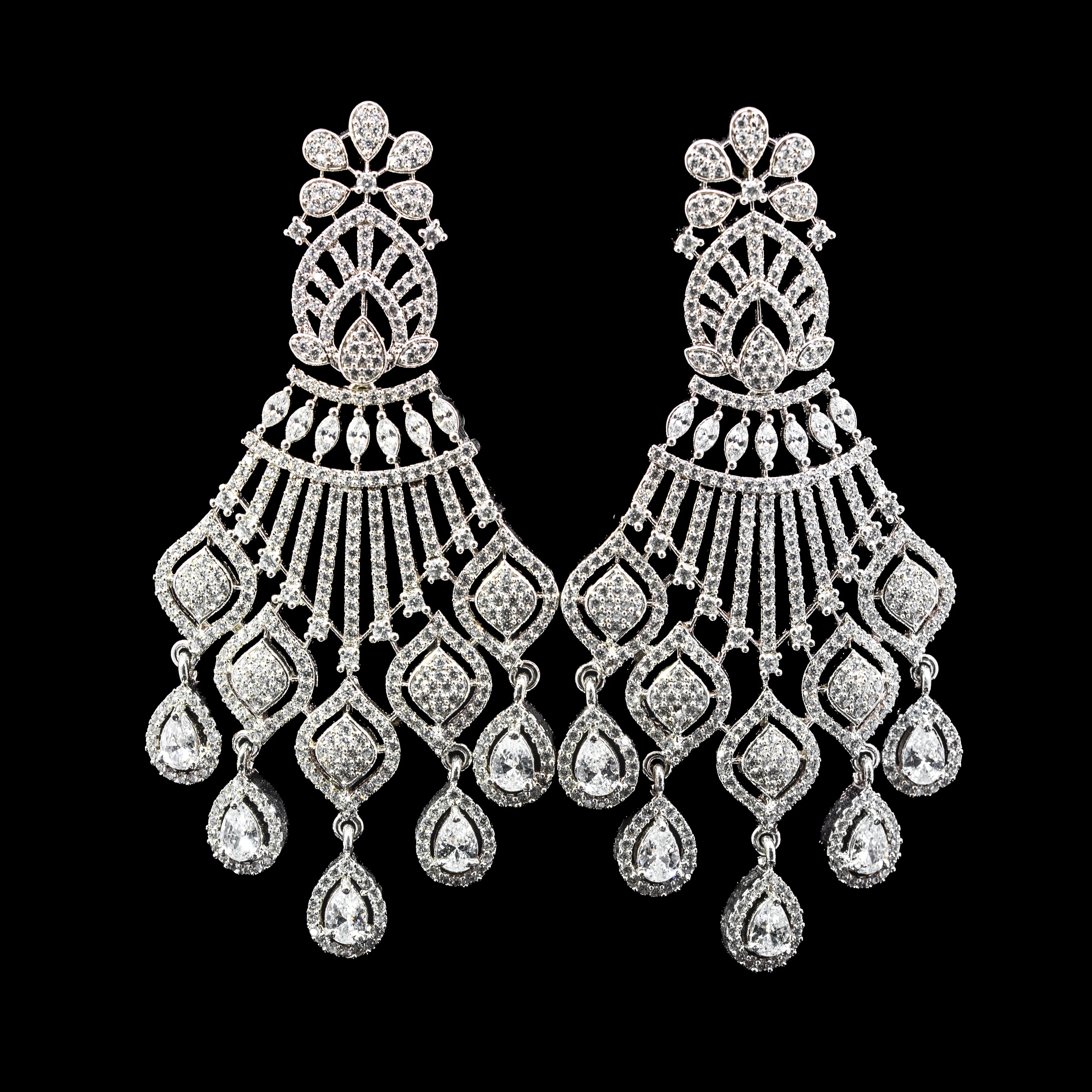 Royal Long Pearl Drape White Premium Quality Zircon Rhodium Plated Fancy Bridal Set
