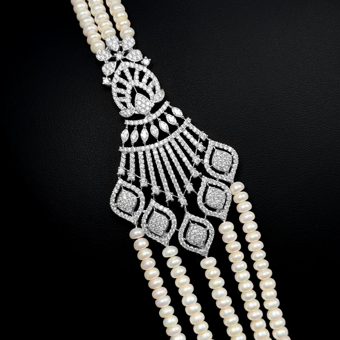 Royal Long Pearl Drape White Premium Quality Zircon Rhodium Plated Fancy Bridal Set