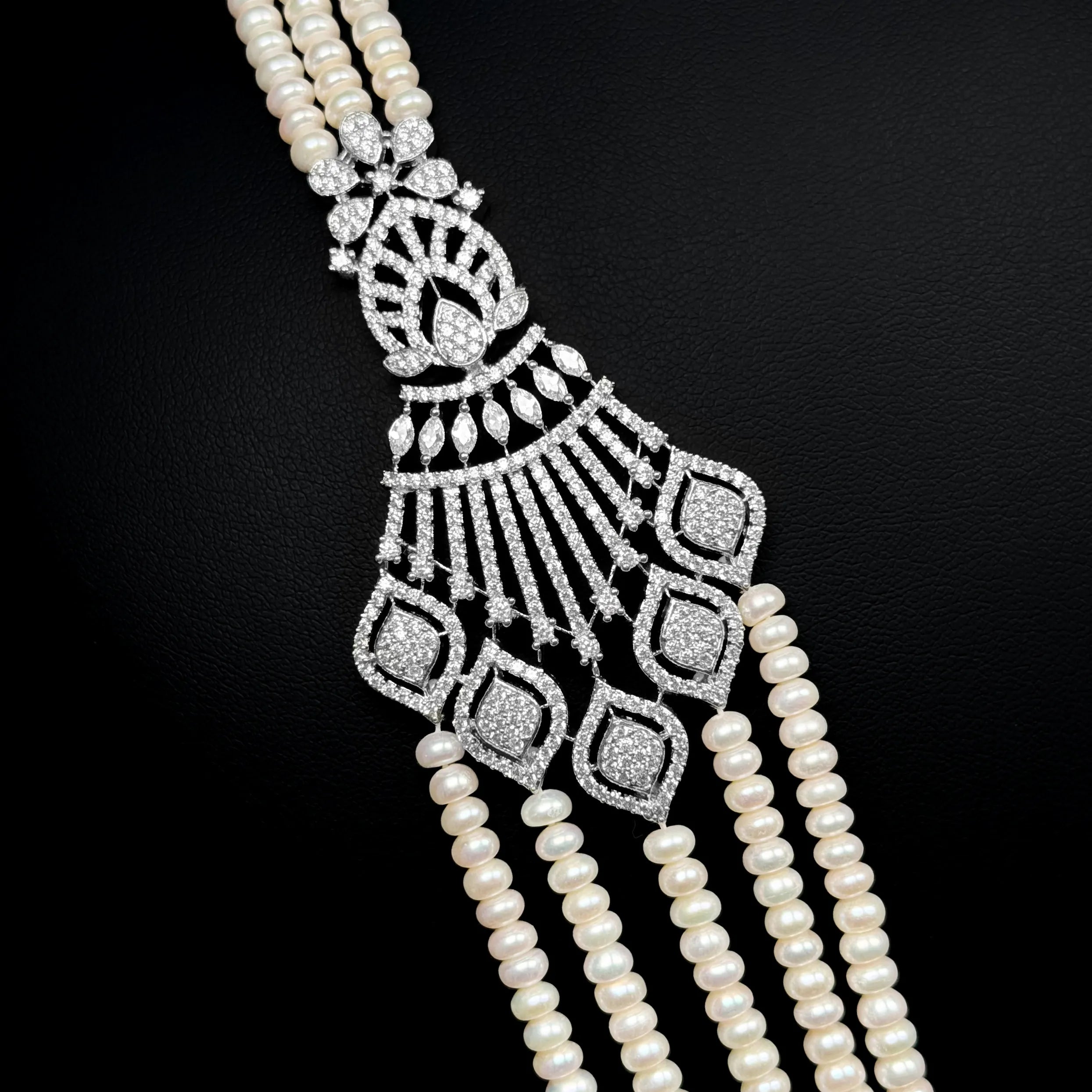 Royal Long Pearl Drape White Premium Quality Zircon Rhodium Plated Fancy Bridal Set