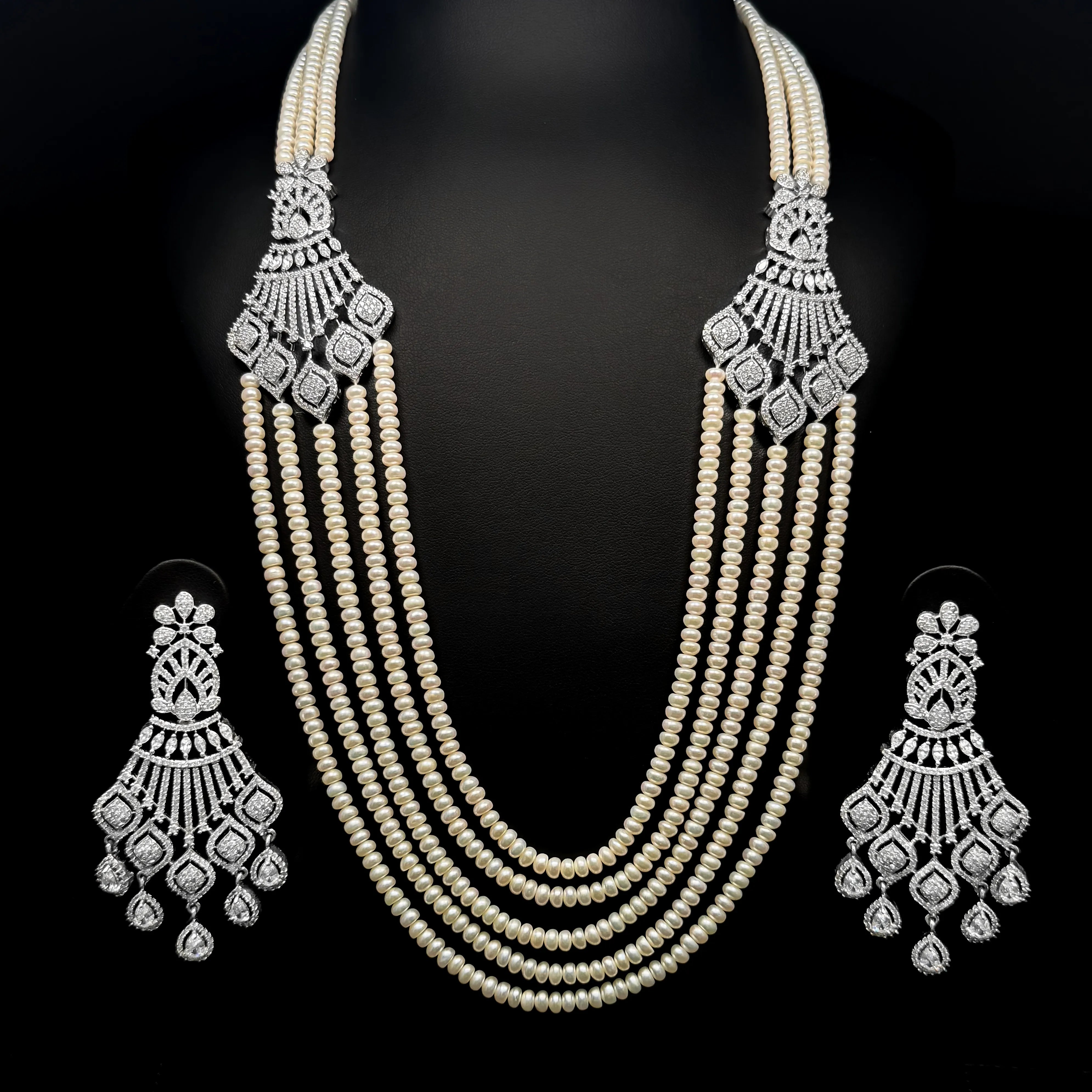 Royal Long Pearl Drape White Premium Quality Zircon Rhodium Plated Fancy Bridal Set