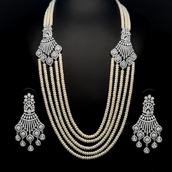 Royal Long Pearl Drape White Premium Quality Zircon Rhodium Plated Fancy Bridal Set
